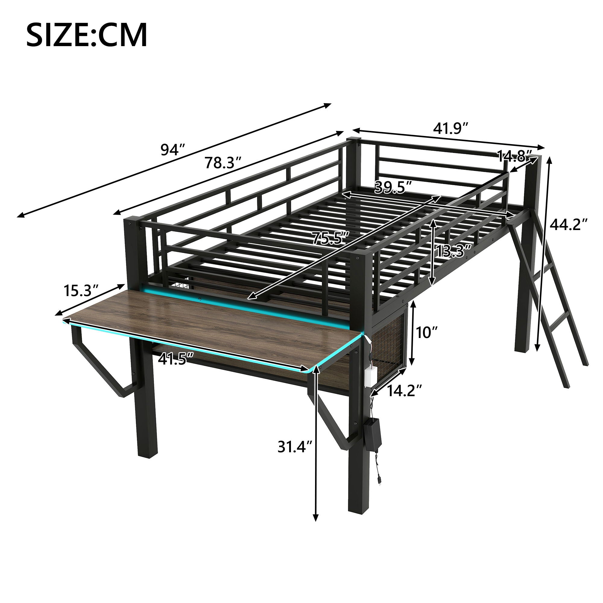 Gaming - Twin Loft Bed With Desk And LED - Black