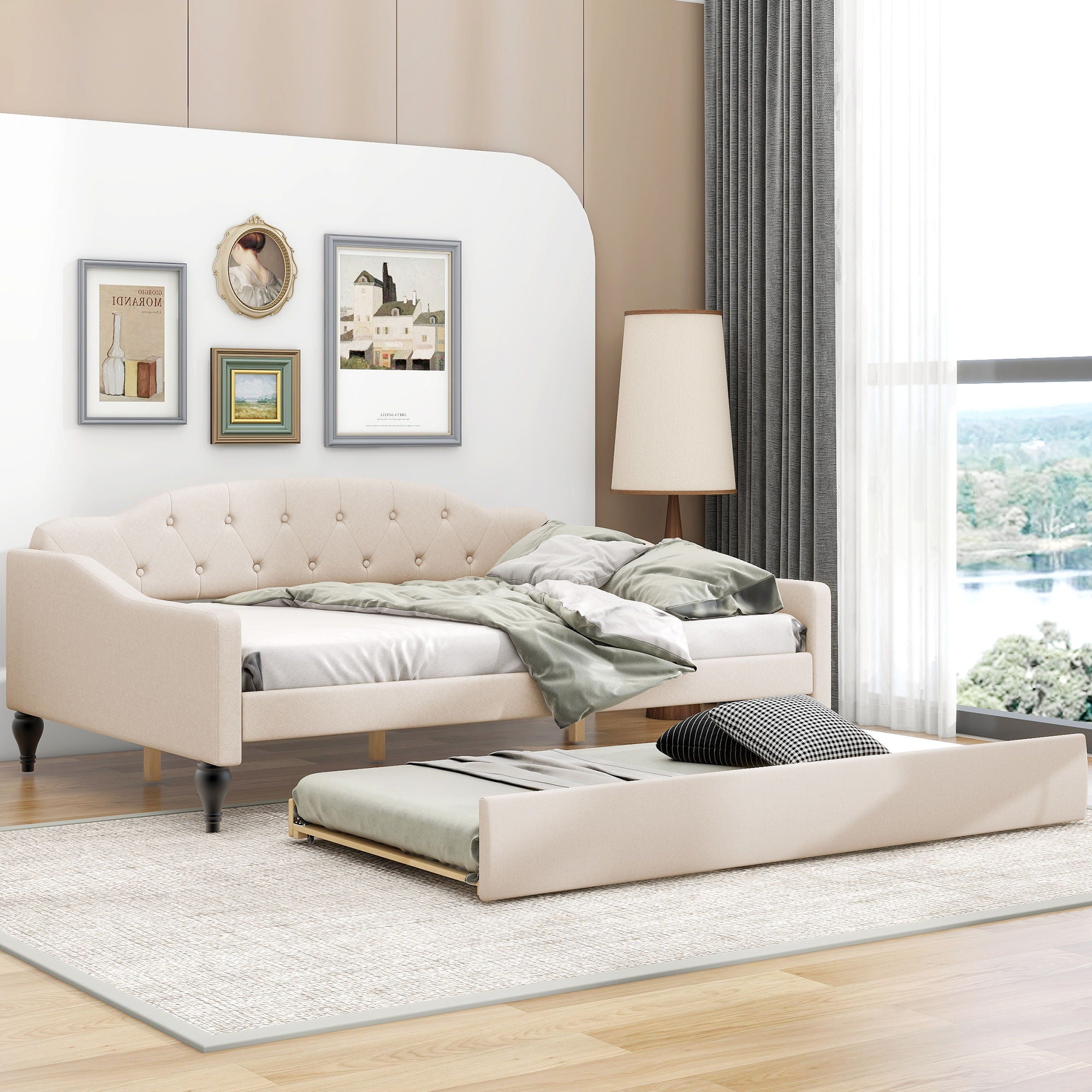 Upholstered Tufted Full Size Daybed With Twin Trundle - Beige
