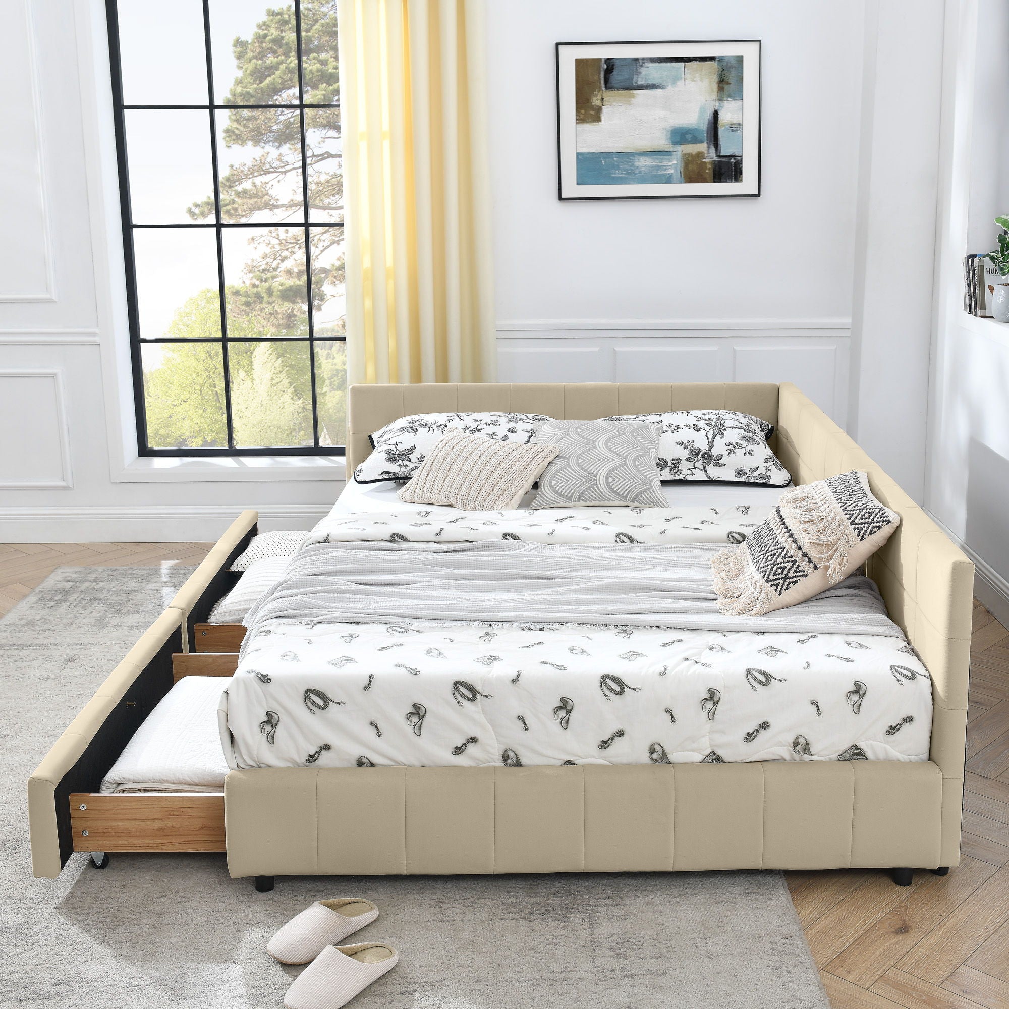 Mid-Century Storage Upholstered Tufted Bed Frame With Backrest And Armrests