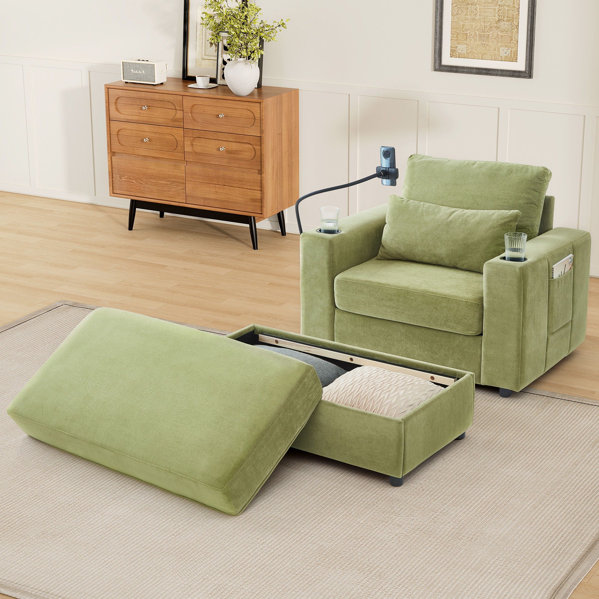 Modern Style Armchair Chaise Lounge Sofa Couch With Movable Storage Ottoman, USB Ports, Cup Holders, Phone Holder, Side Pockets