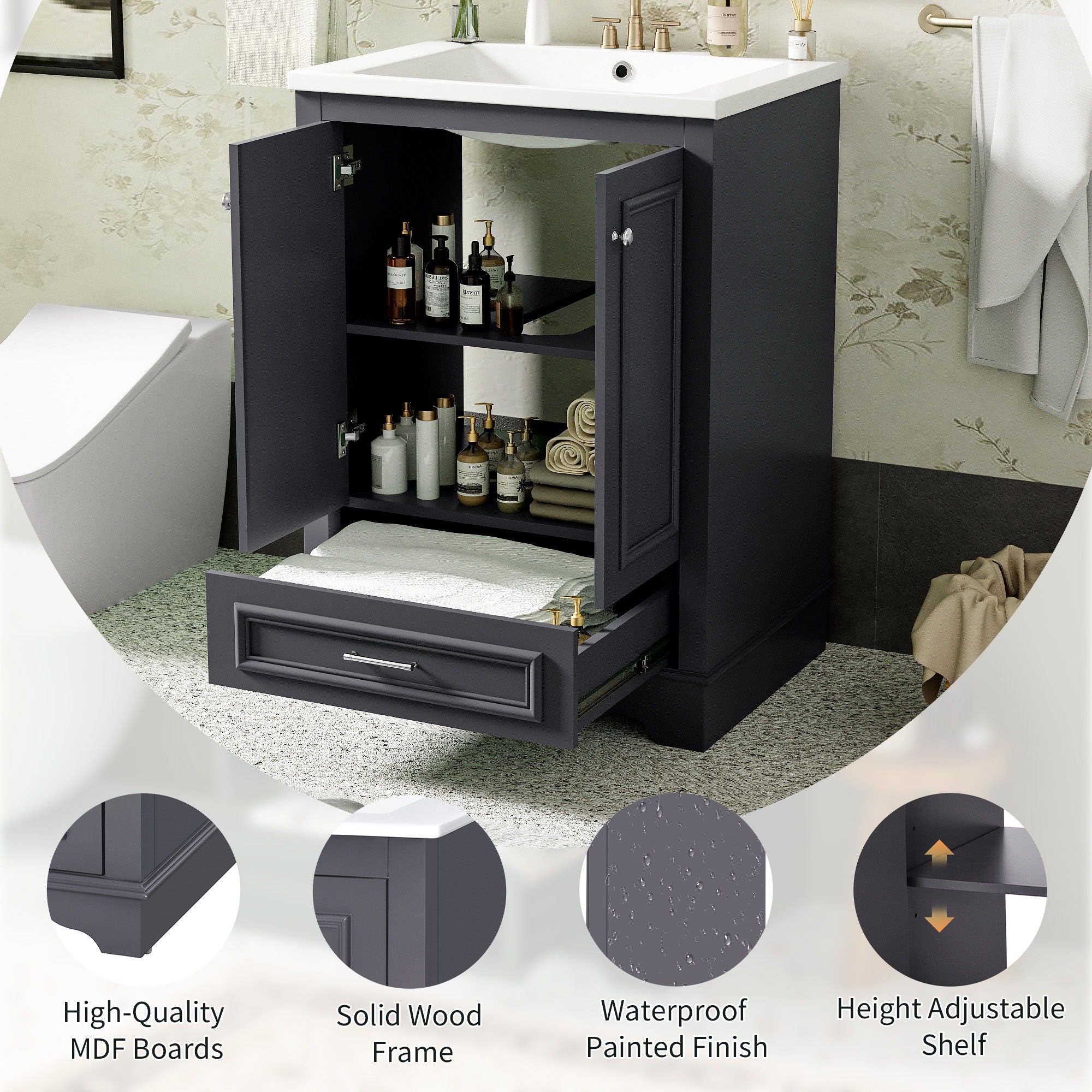 Bathroom Vanity With Ceramic Sink Combo, Modern Freestanding Storage Cabinet With Silver Handles