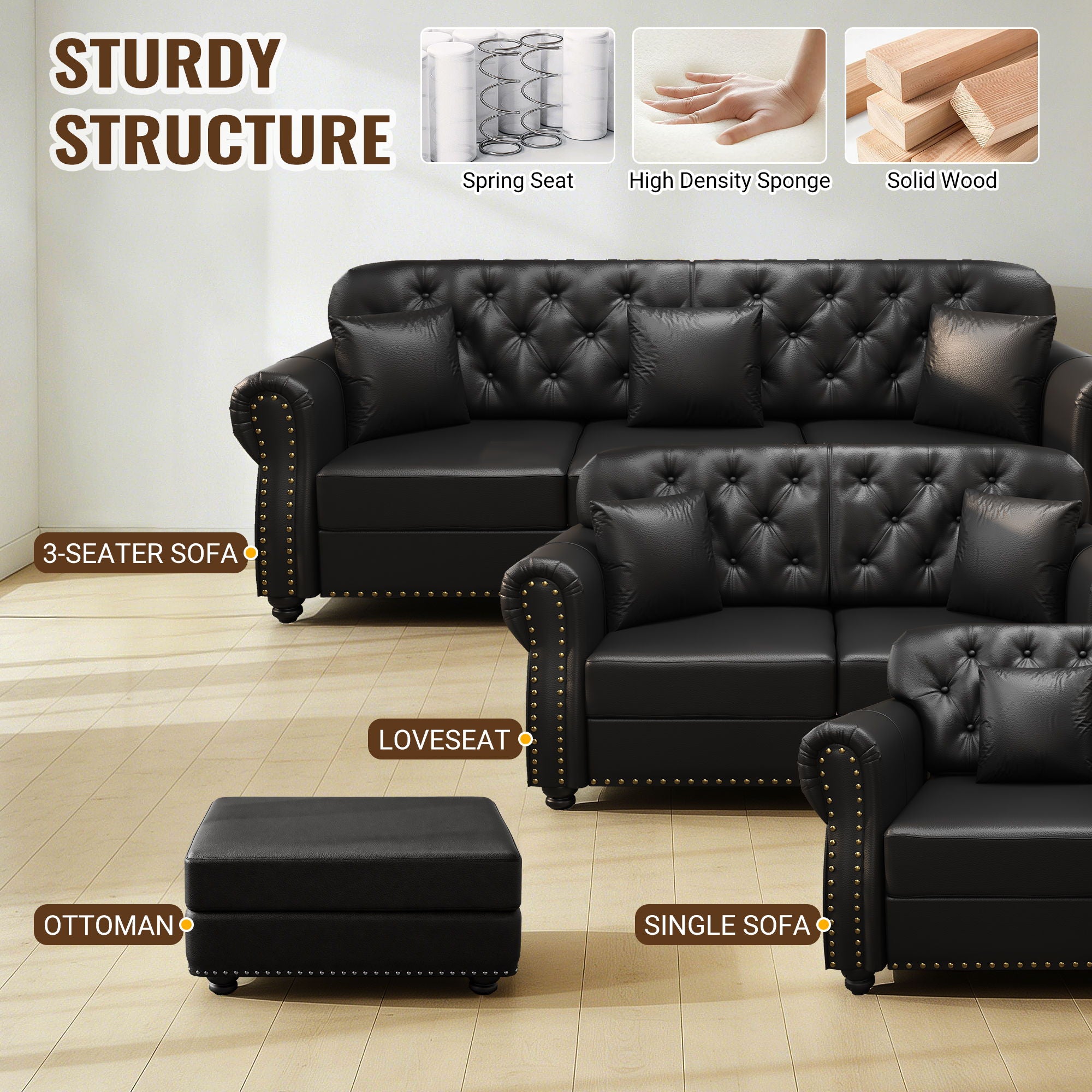 Upholstered Sofa With Nailhead Trim, Rolled Armrests With Ottoman