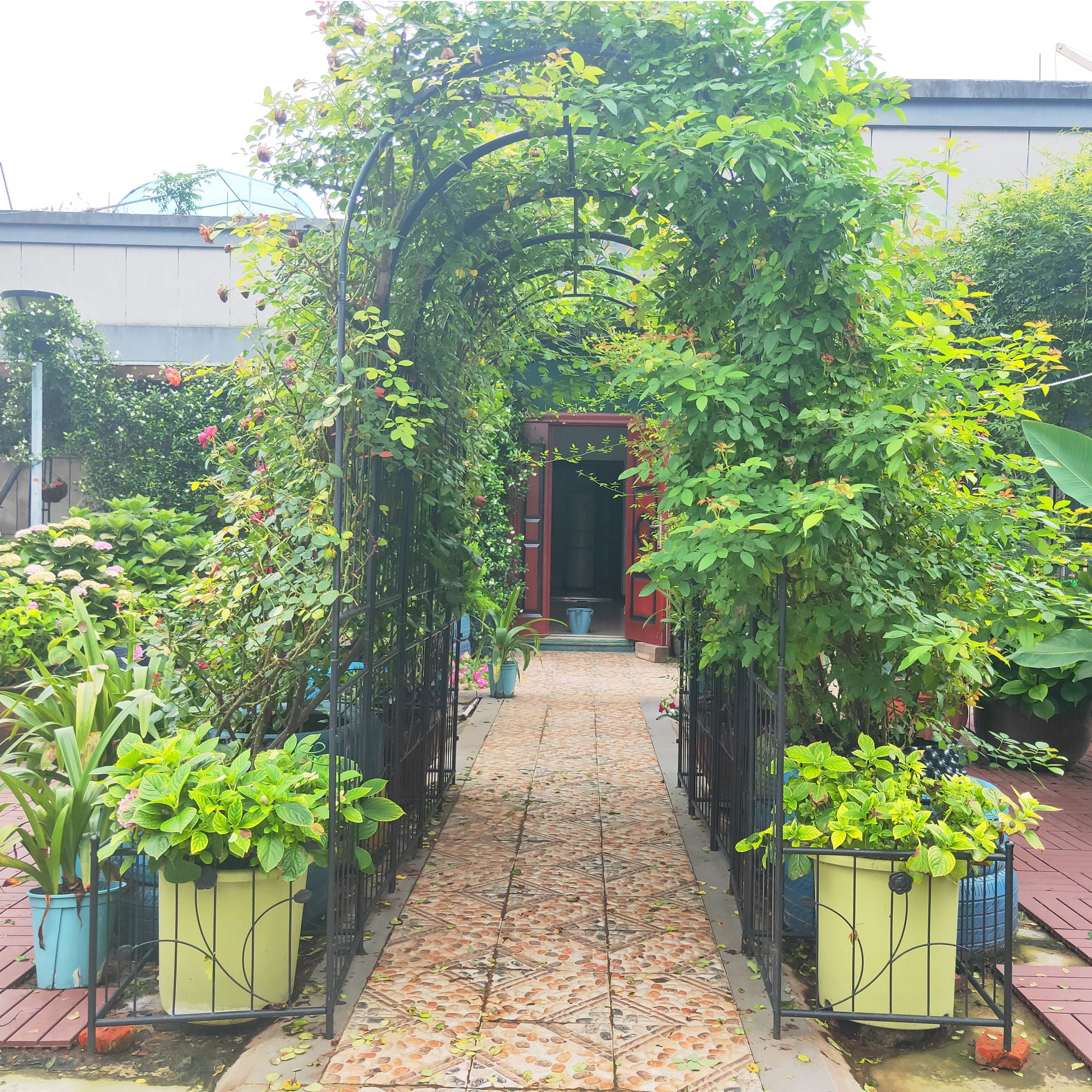 Metal Garden Arch With Two Plant Stands Wide High Climbing Plants Support Rose Arch Outdoor - Black