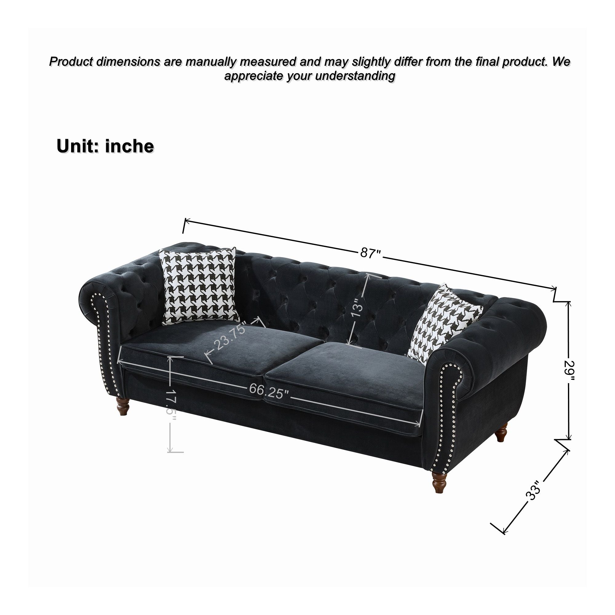 Chesterfield Upholstery Fabric Sofa With Roll Armrest & Nailhead