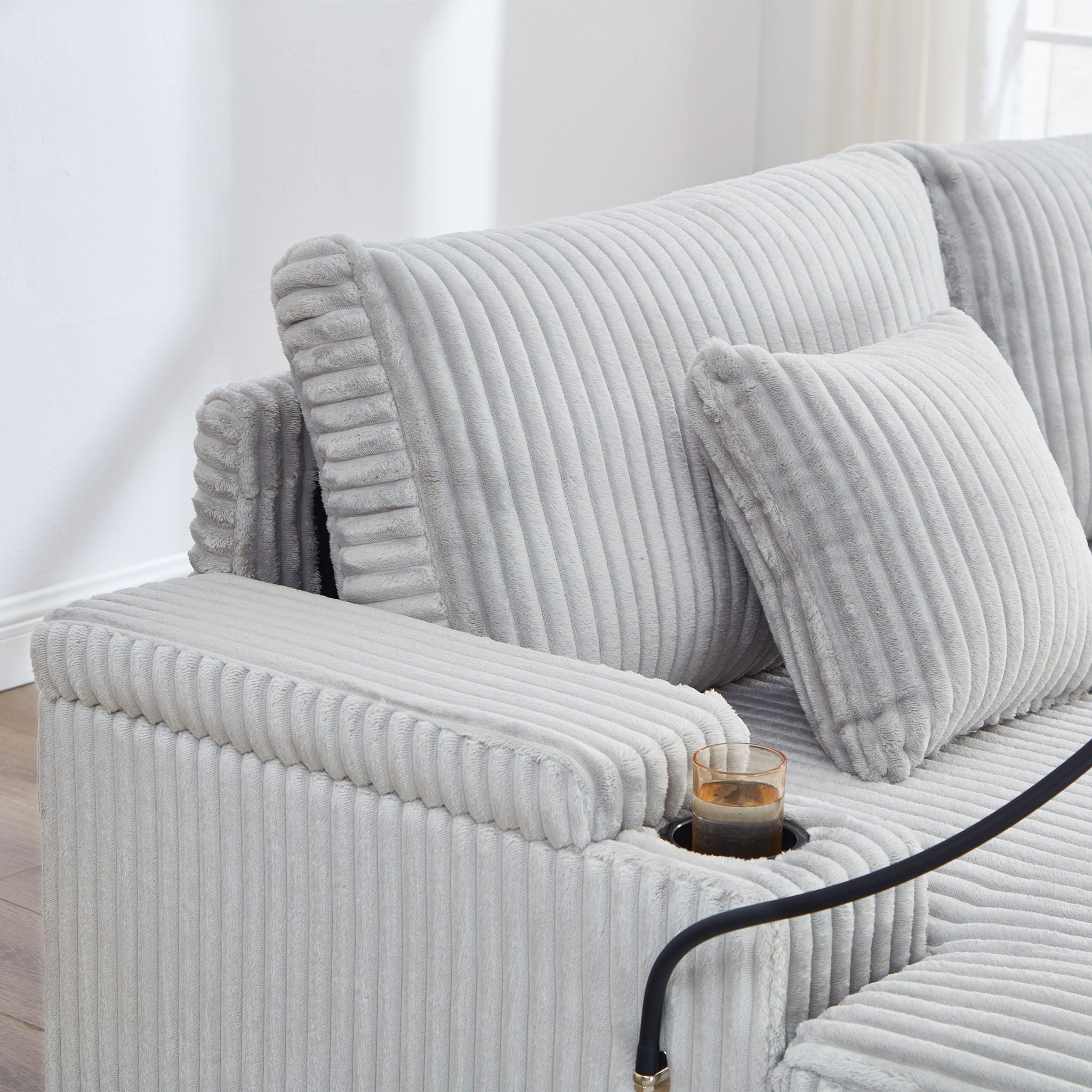 Modern Chaise Sofa With Adjustable Backrest, Cup Holders, Phone Holder & Storage Compartments For Living Room