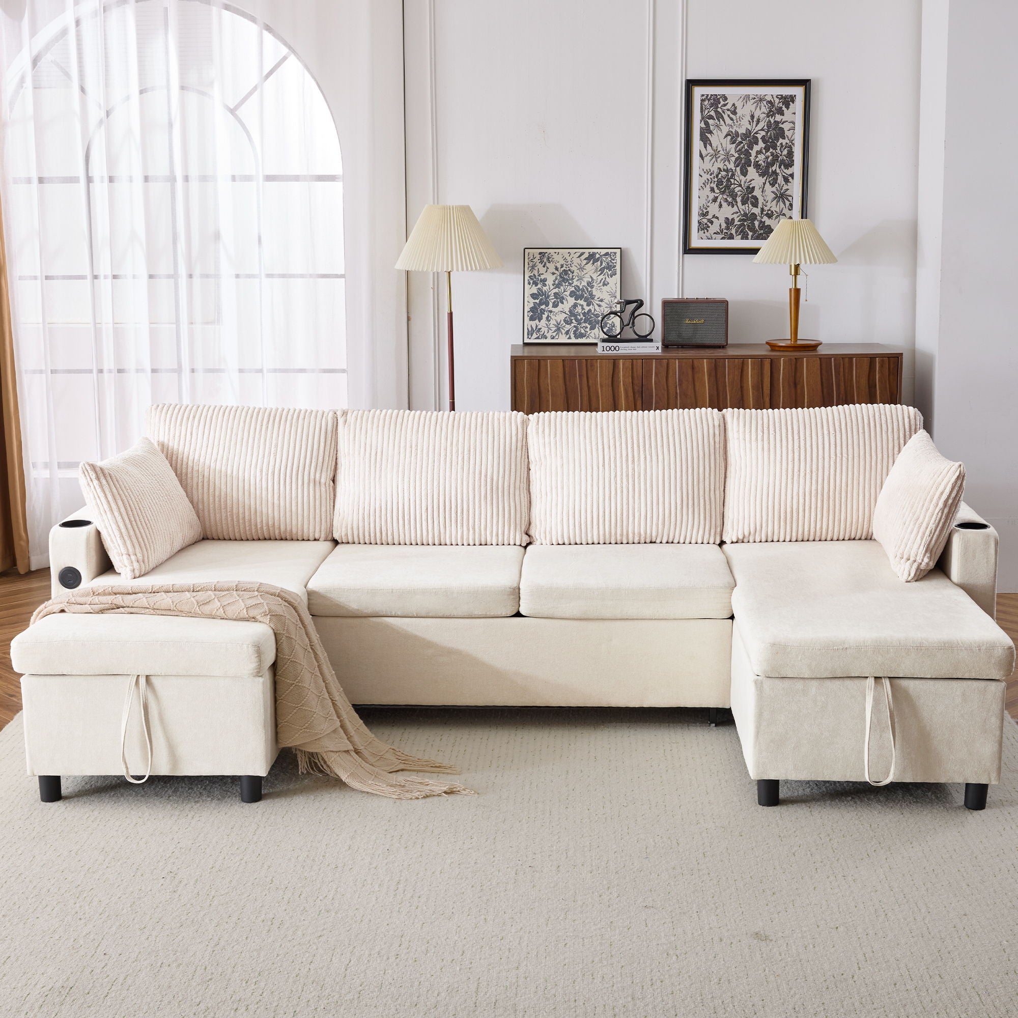 Sectional Sofa Bed With Pull Out Sleeper, USB Ports, Cup Holders