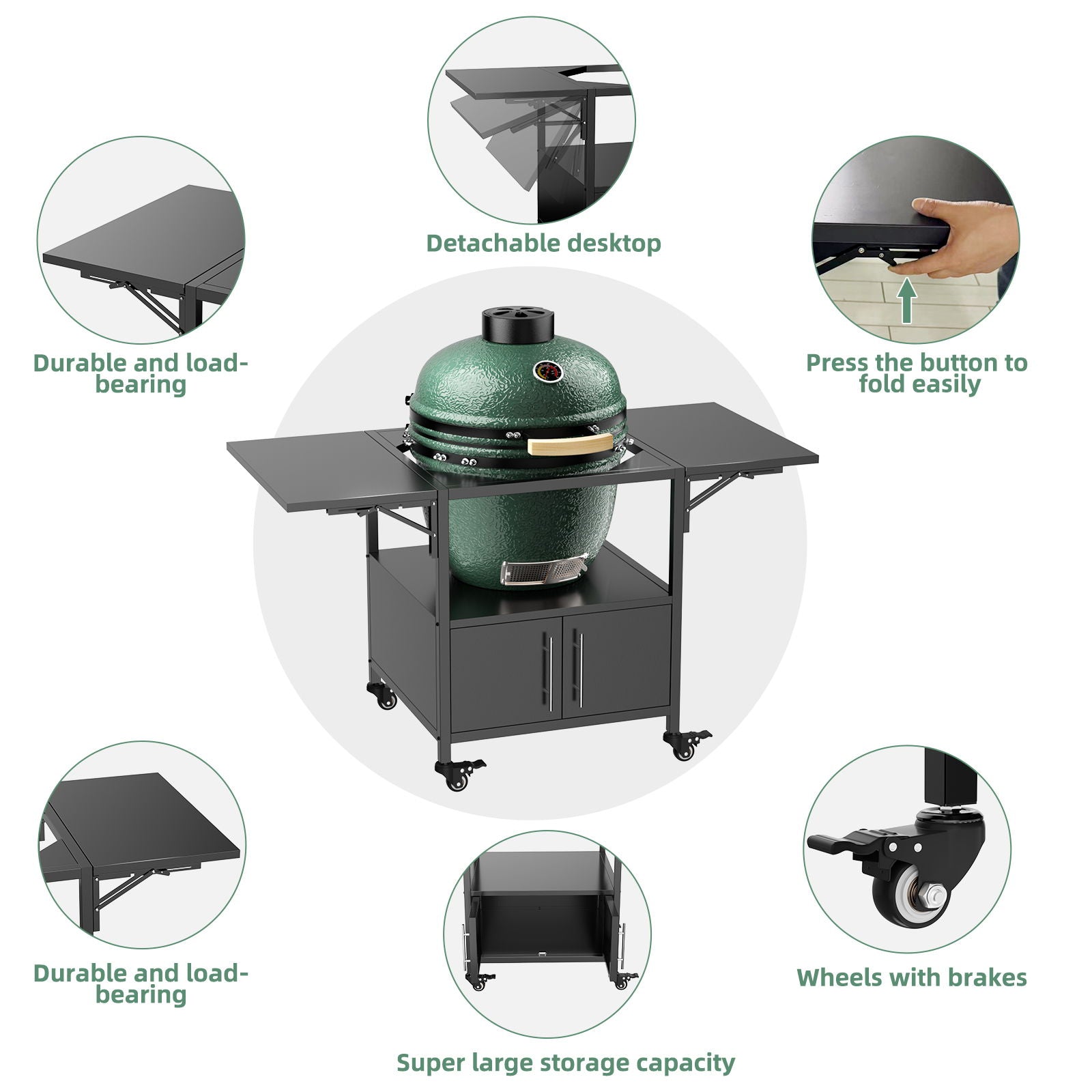 Outdoor Grill Table For Big Egg Style Bbq Metal Grill Cart With 2 Folding Panels Metal - Black