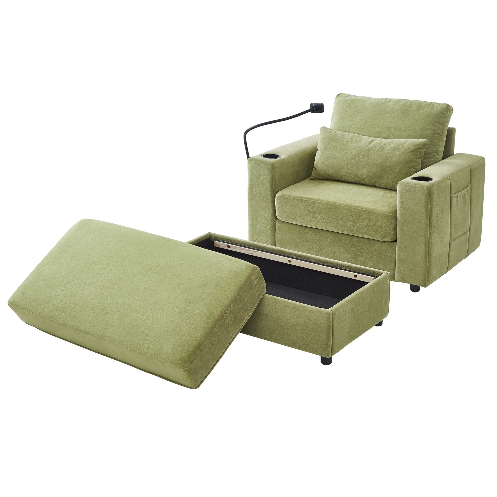 Modern Style Armchair Chaise Lounge Sofa Couch With Movable Storage Ottoman, USB Ports, Cup Holders, Phone Holder, Side Pockets