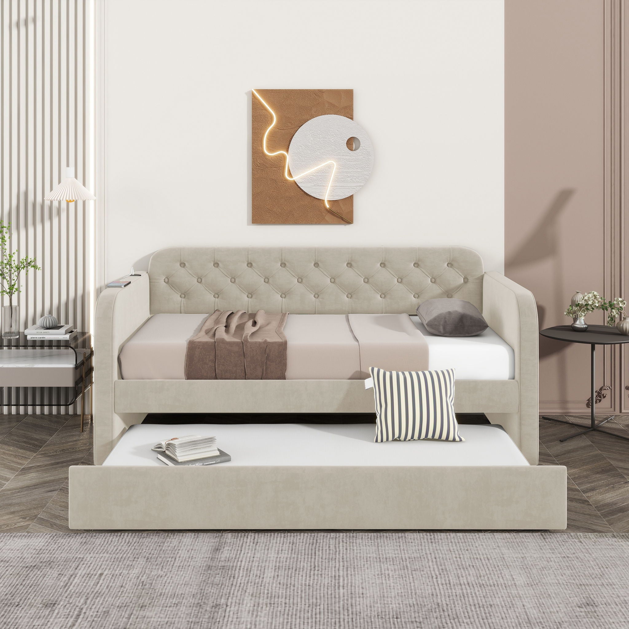 Upholstered Daybed With Trundle And USB Charging Design