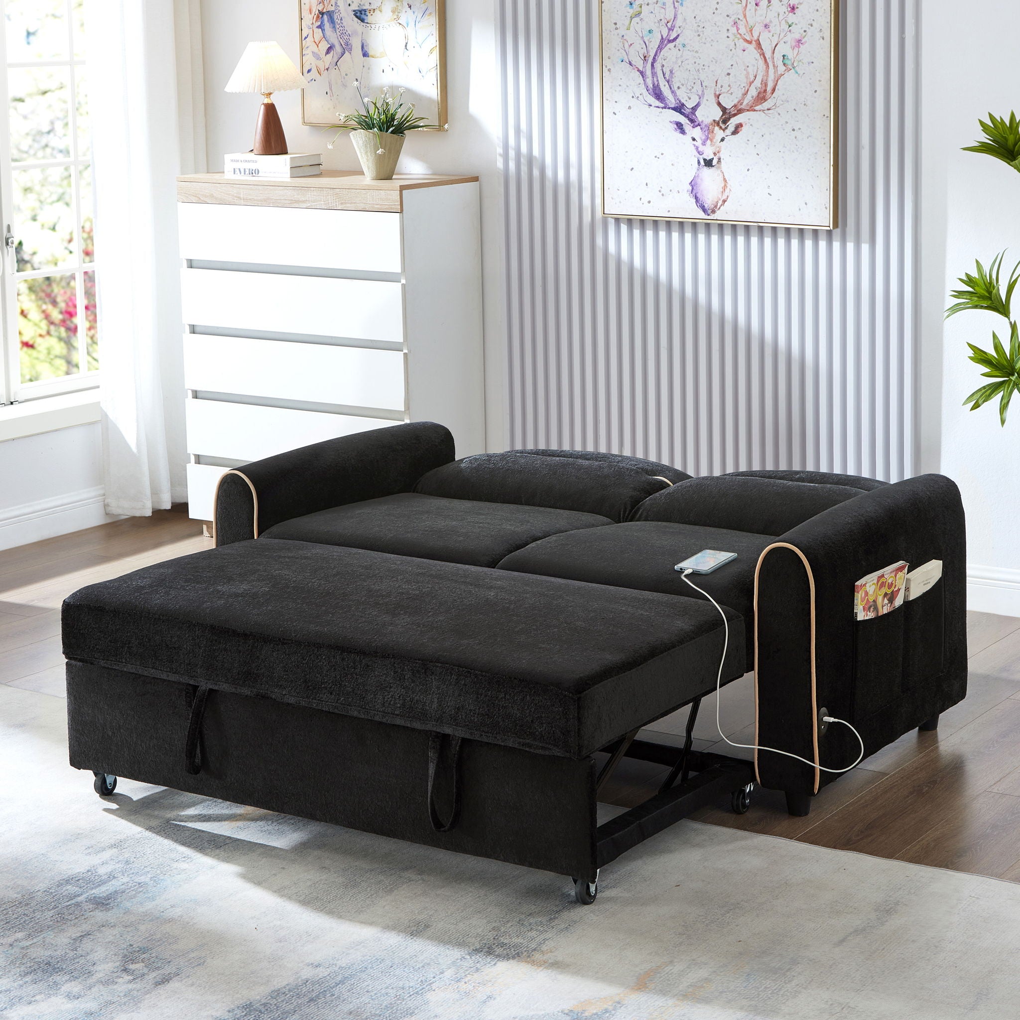 Pull Out Sofa Bed With Adjustable 3 Position Backrest, USB Charging Ports, Side Pockets