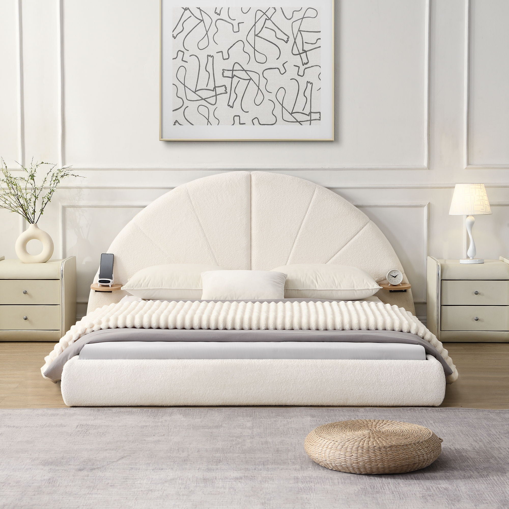 Queen Arched Bed With Small Table, Floor Standing Design - Beige