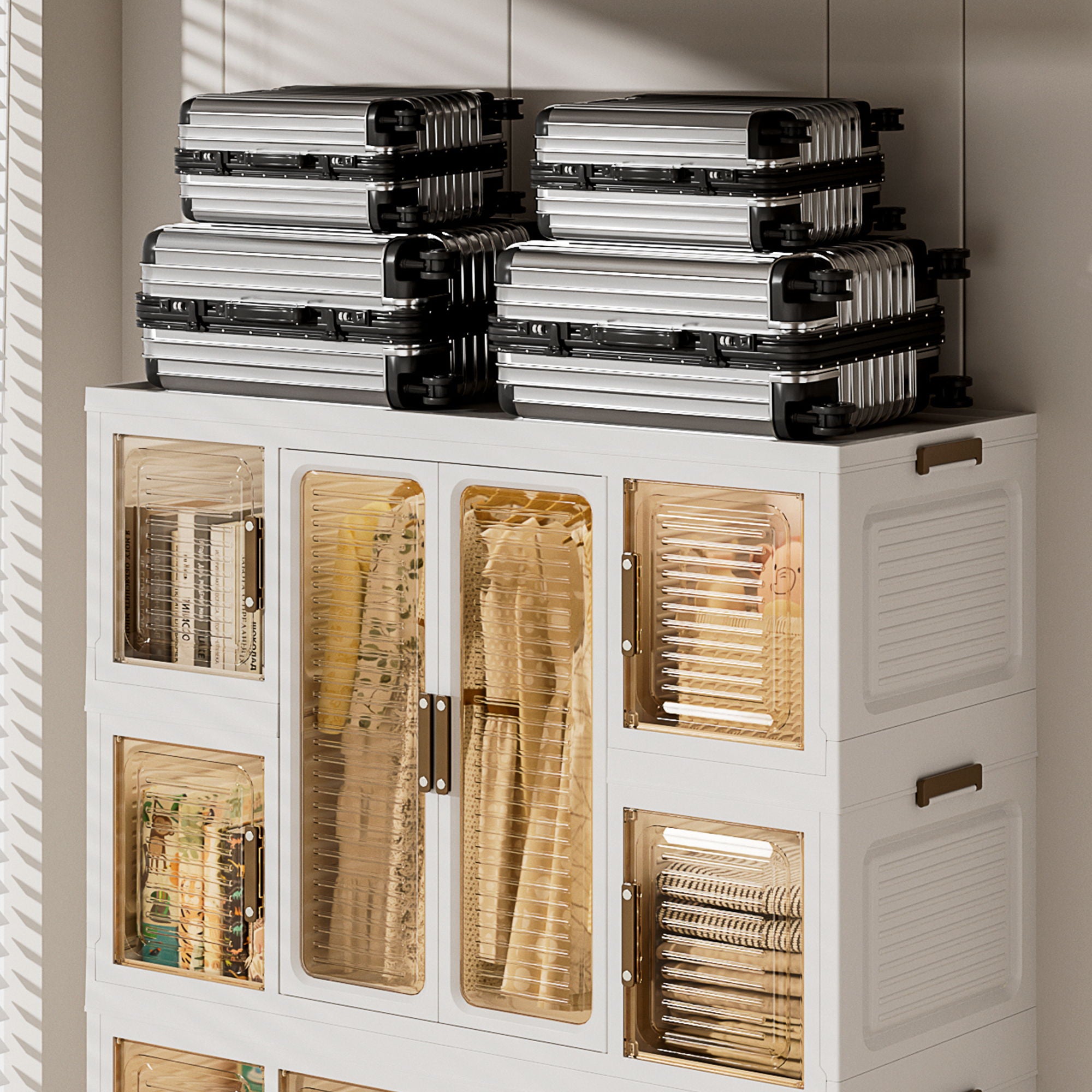 Portable Wardrobe Closet Storage Organizer For Clothes With Magnetic Doors, 12 Cubes & 2 Hanging Rods - White
