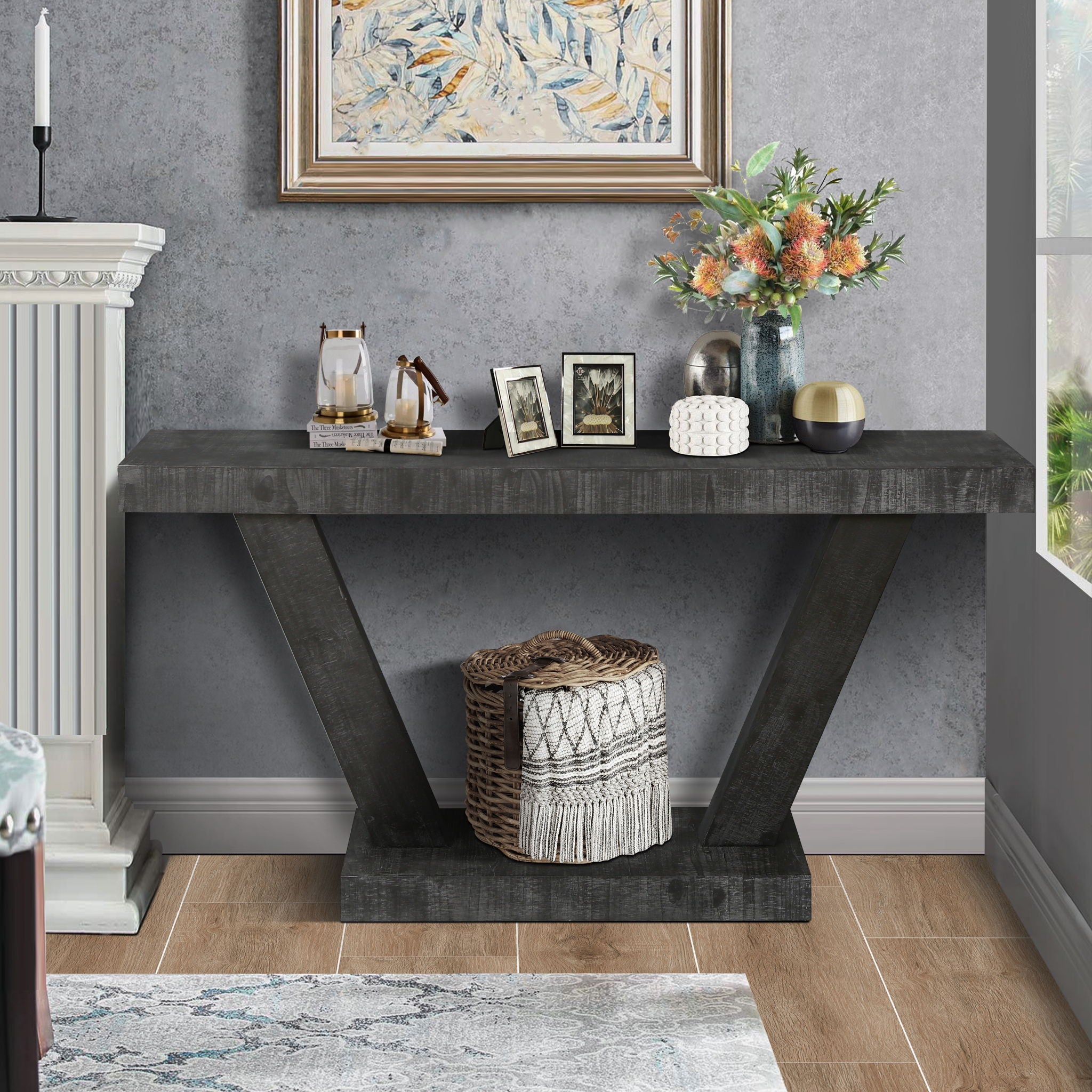 Vintage Distressed Wood Entryway Bench With 2 Tier Storage Cabinet