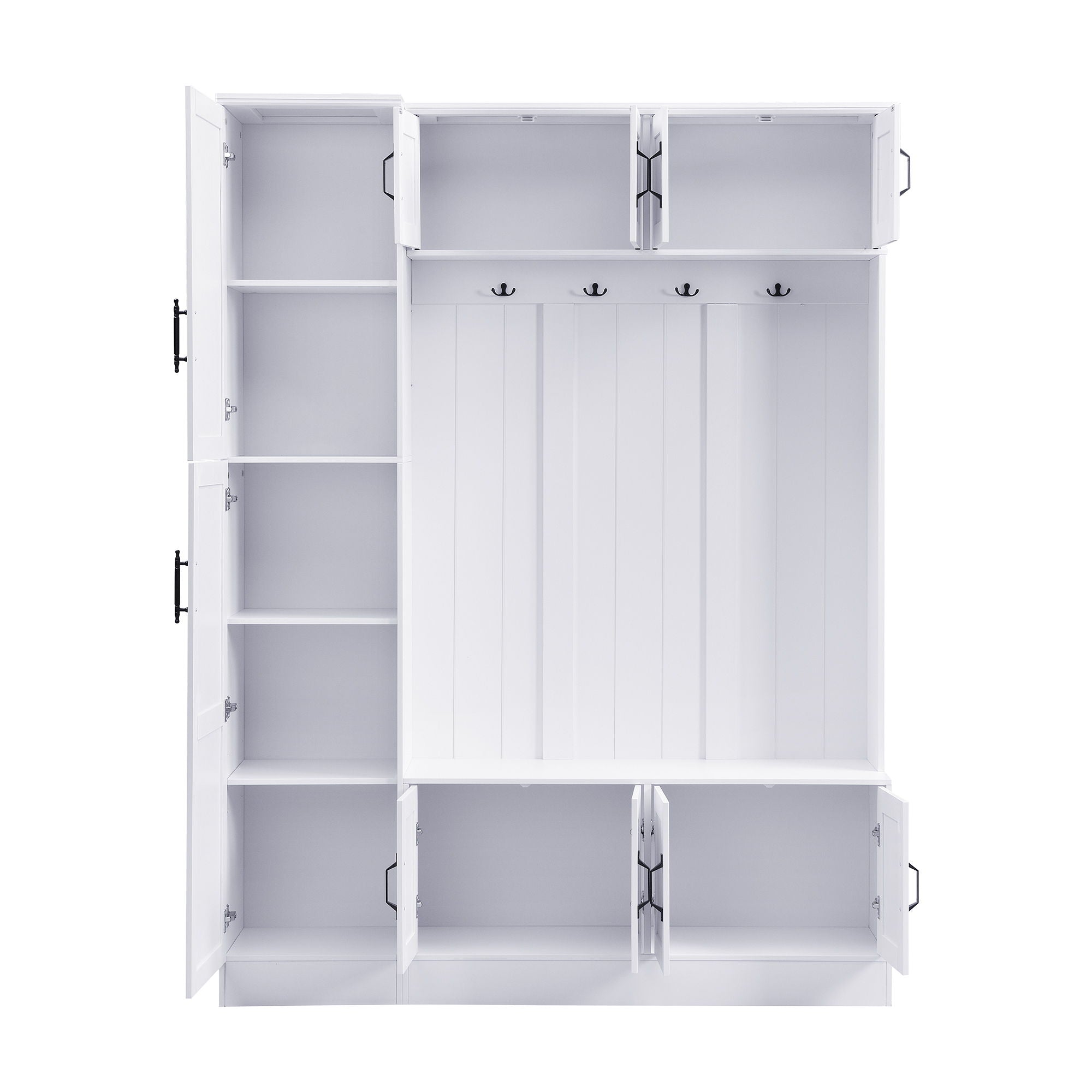 Tall Hall Tree With Shoe Storage, 4 In 1 Entryway Bench With 6 Cabinets, 4 Coat Hooks & Adjustable Shelf For Hallway - White
