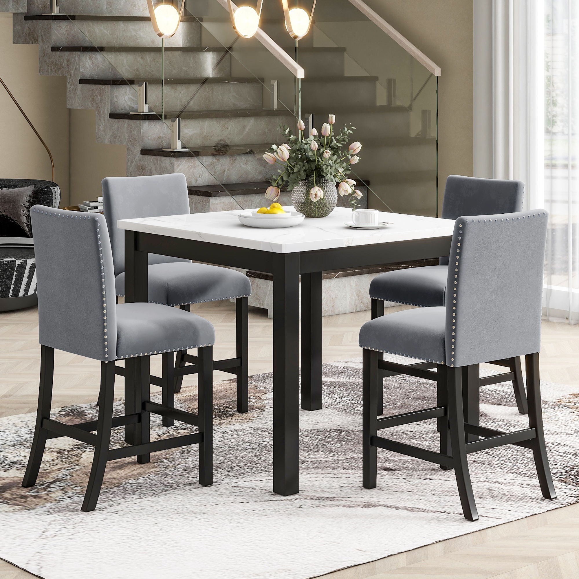 5-Piece Counter Height Dining Table Set With One Faux Marble Top Dining Table And Four Upholstered Chairs