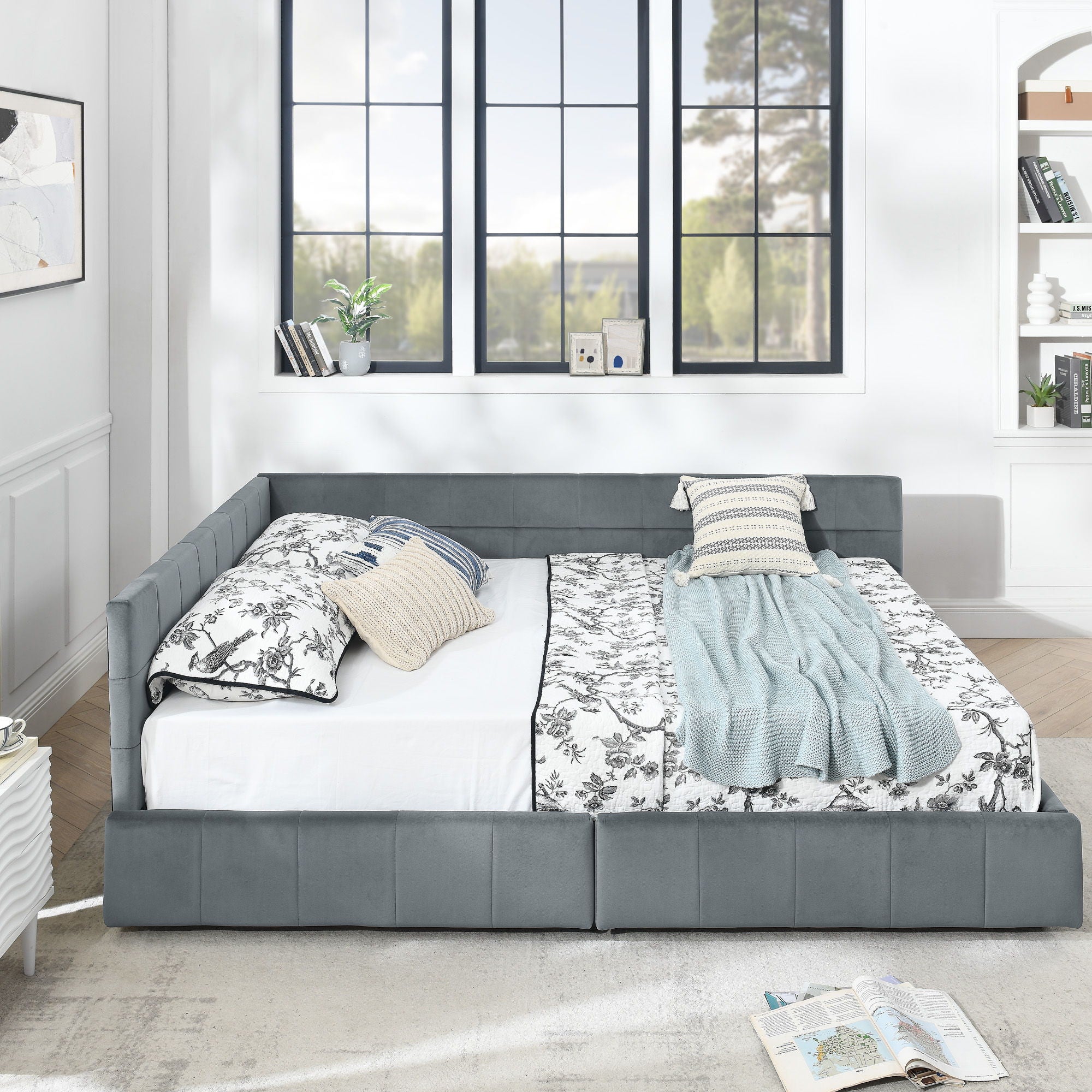 Mid-Century Storage Upholstered Tufted Bed Frame With Backrest And Armrests