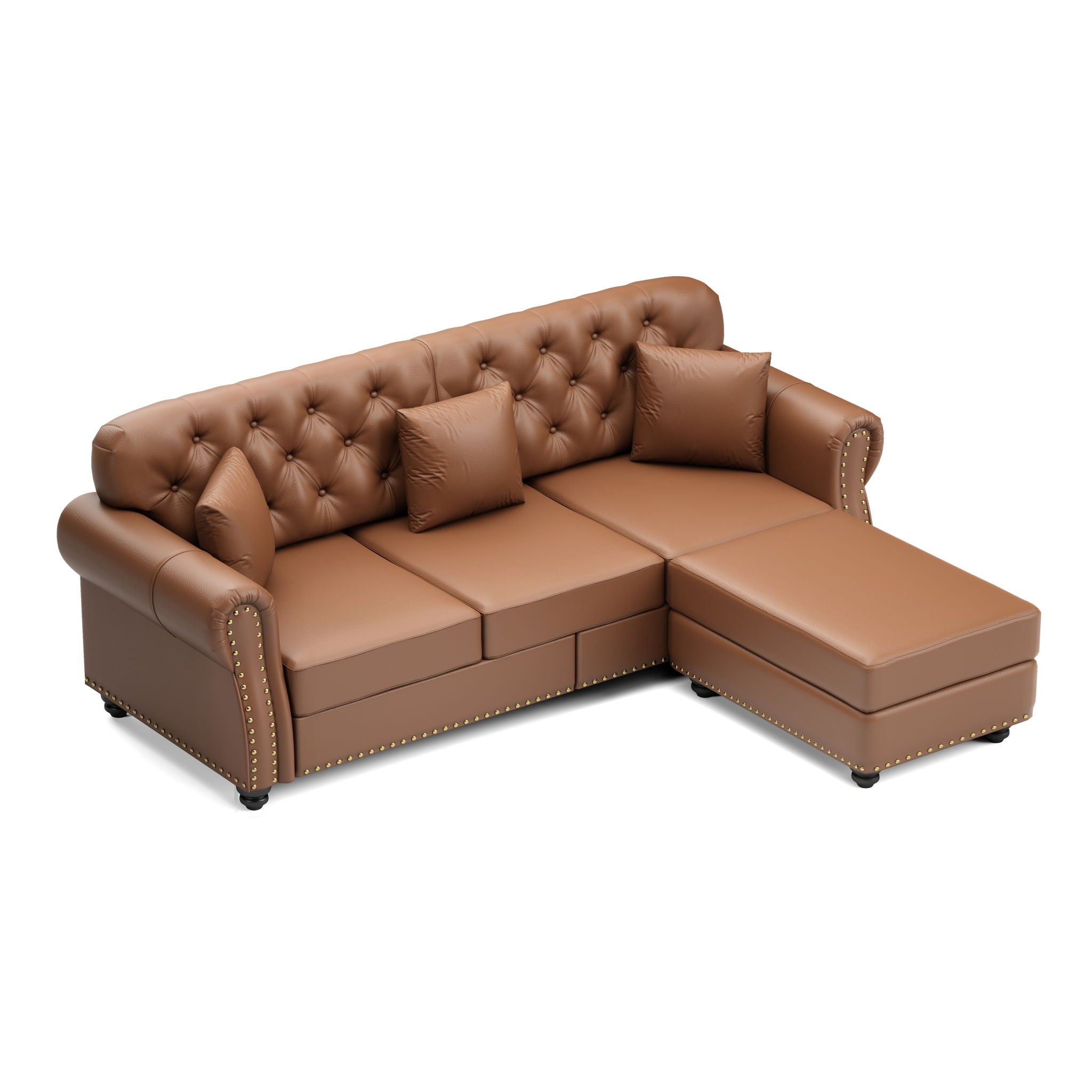 Upholstered Sofa With Nailhead Trim, Rolled Armrests With Ottoman