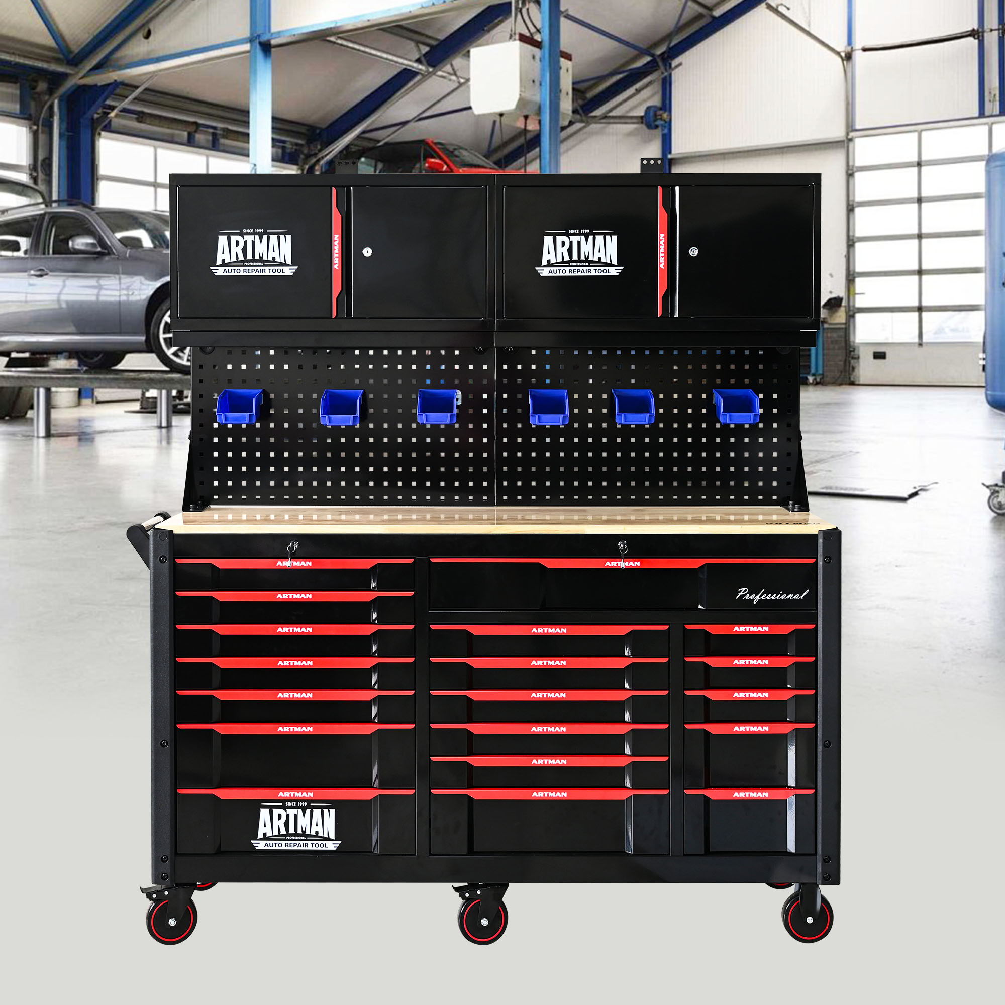 Heavy Duty Tool Cart With 19 Drawers, Tools Not Included, Mobile Storage For Workshop Or Laboratory - Black / Red