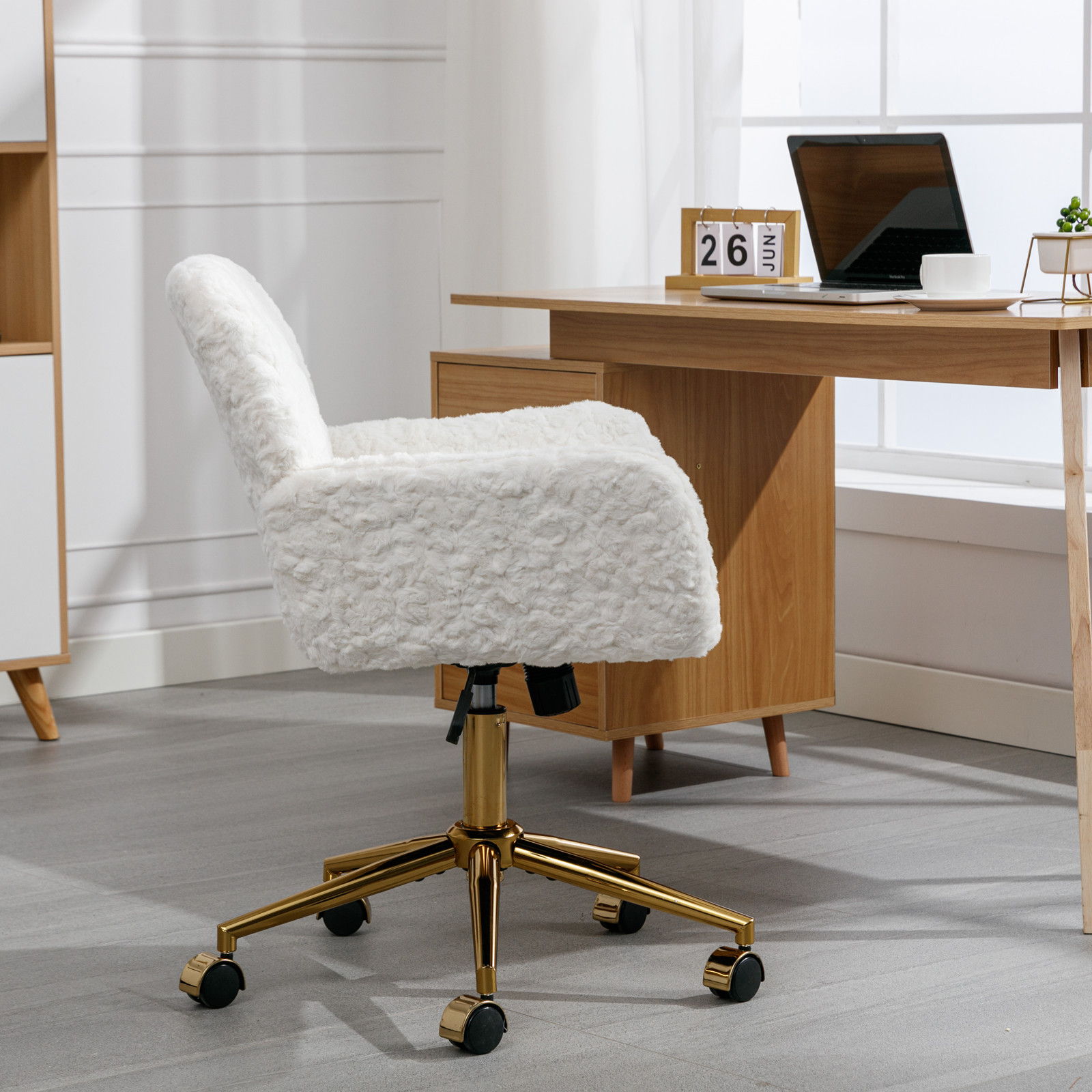 Office Chair, Artificial Rabbit Hair Home Office Chair With Metal Base, Adjustable Desk Chair Swivel Office Chair, Vanity Chair