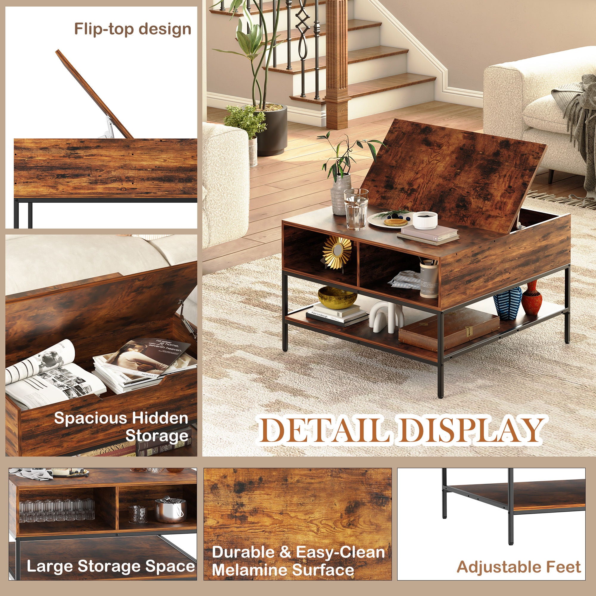 Flip-Top Coffee Table With Storage Lift-Top Design With Hidden Compartment - Black