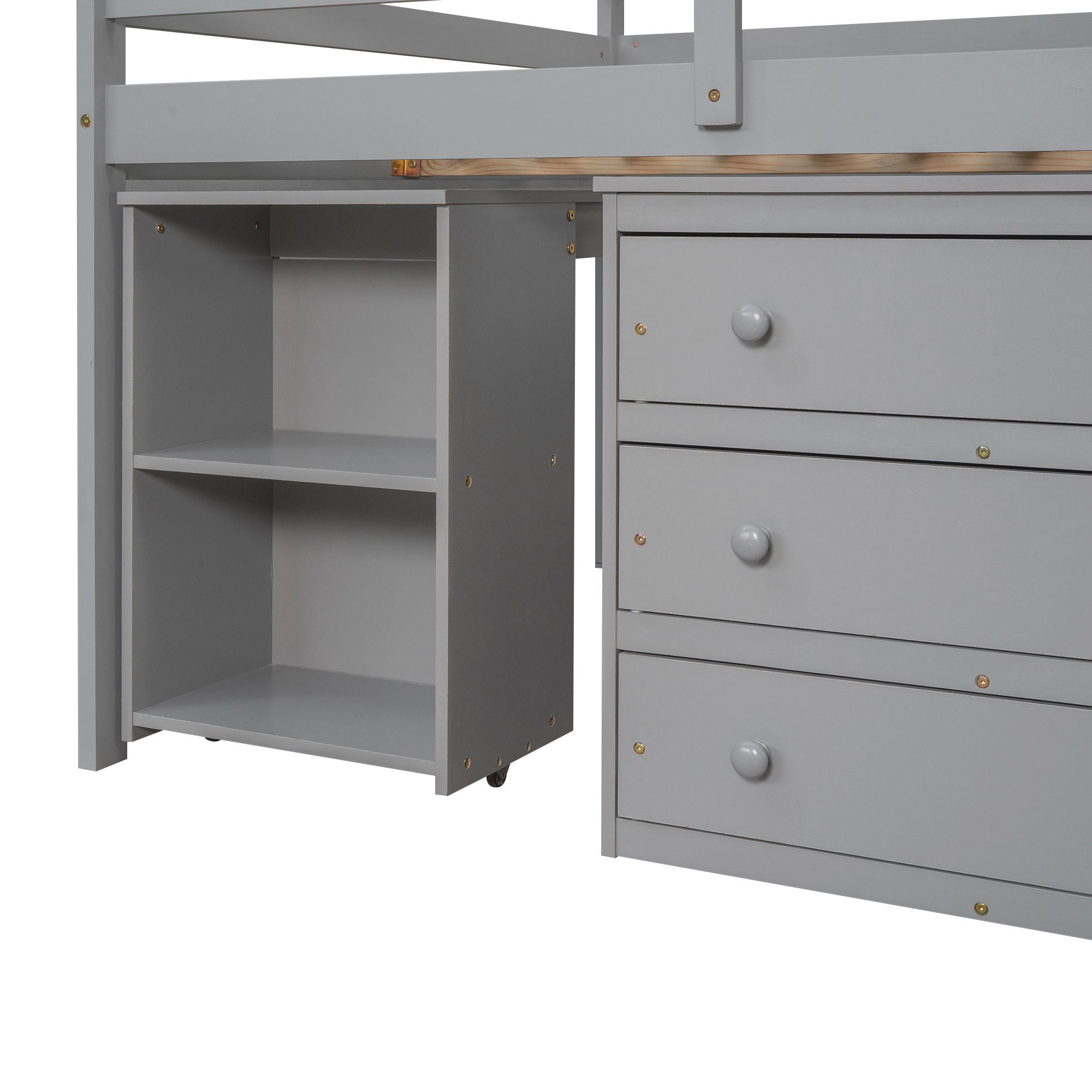 Loft Low Study Bed With Cabinet, Shelves And Rolling Portable Desk, Multiple Functions