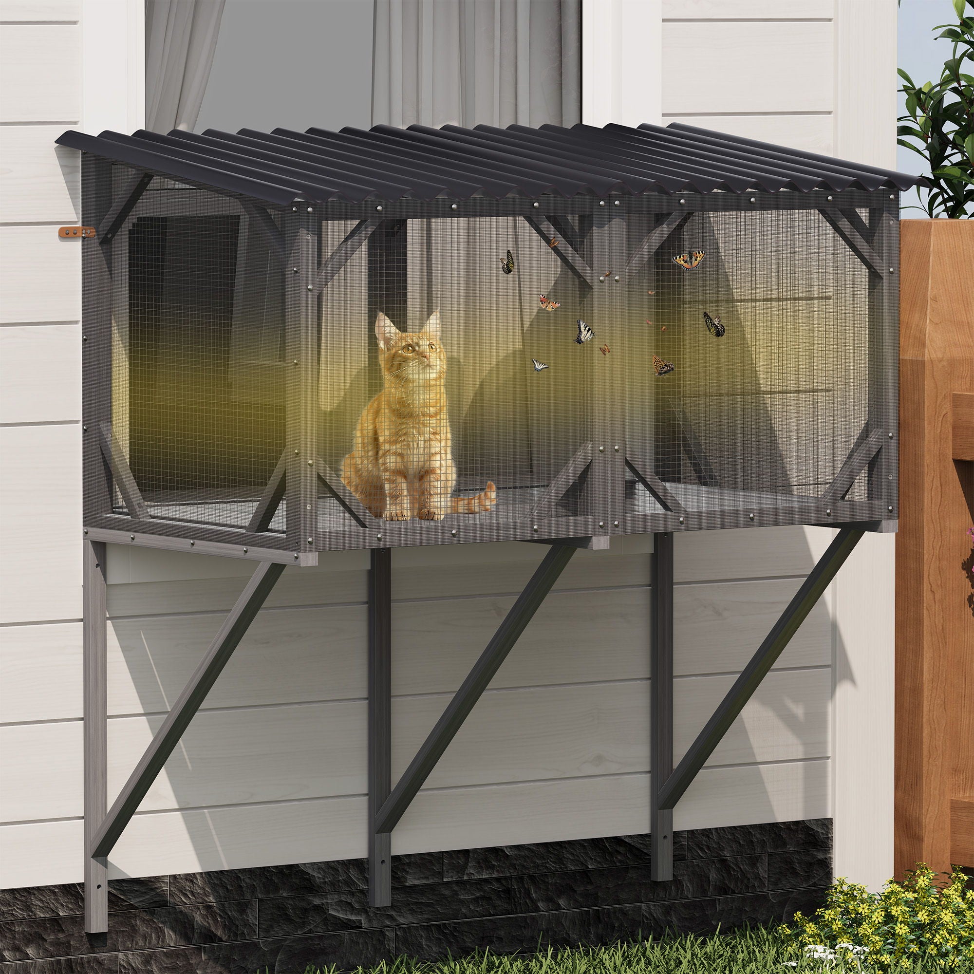 Premium Cat Window Box With Bug Proof Net For Large Indoor Cats Spruce Wood & Polyester - Antique Gray