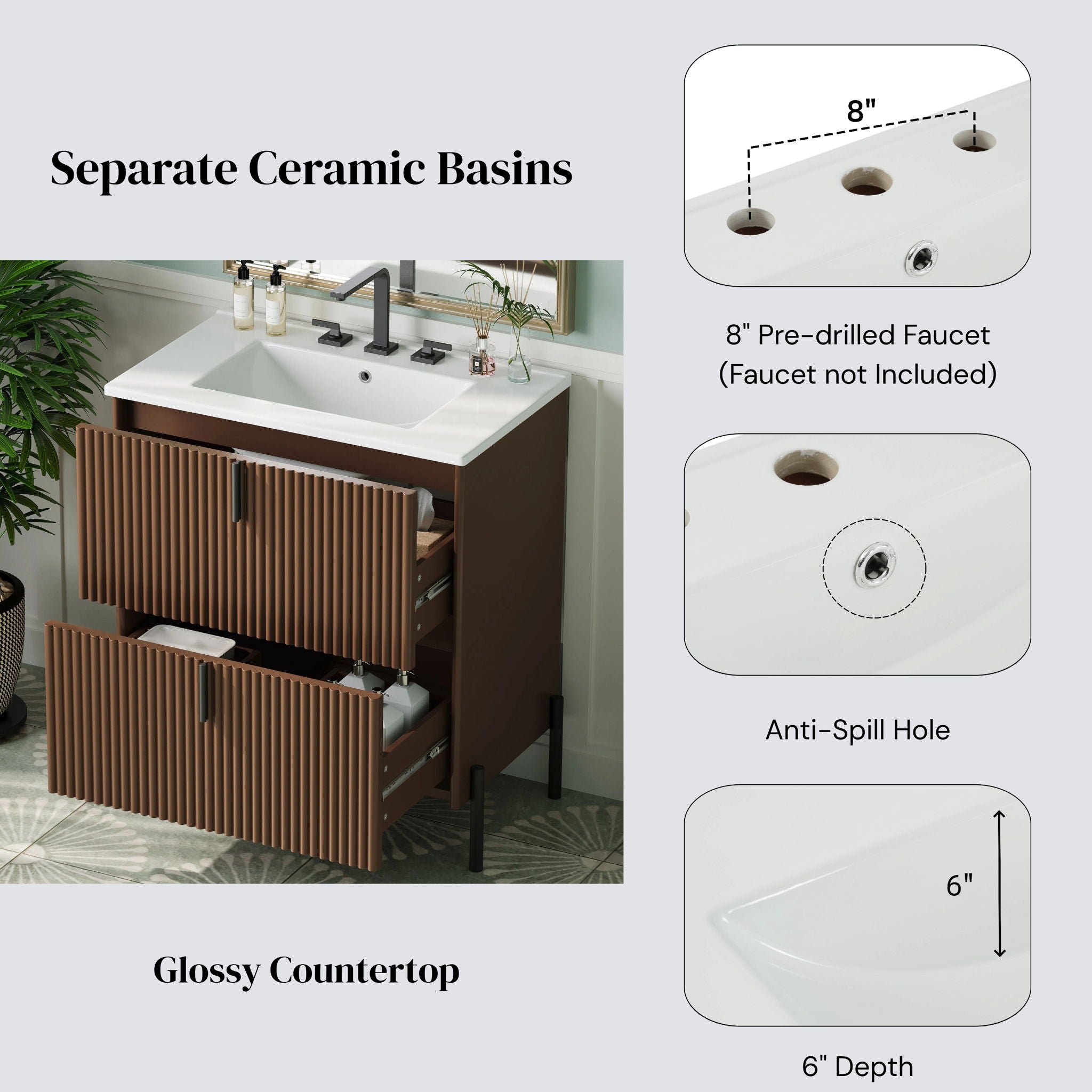 Fluted Bathroom Vanity With Ceramic Sink, Freestanding Design