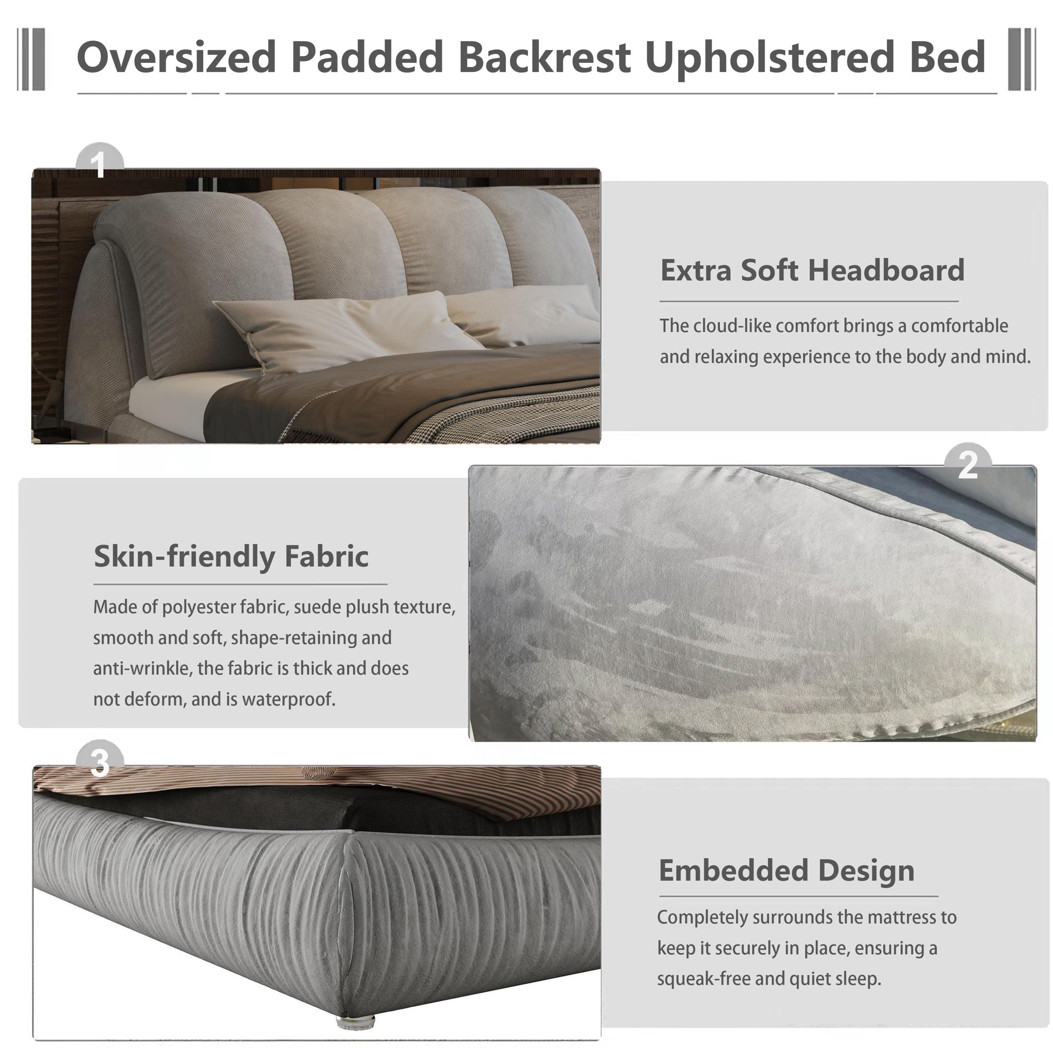 Luxury Upholstered Platform Bed With Oversized Padded Backrest And Solid Wood Frame