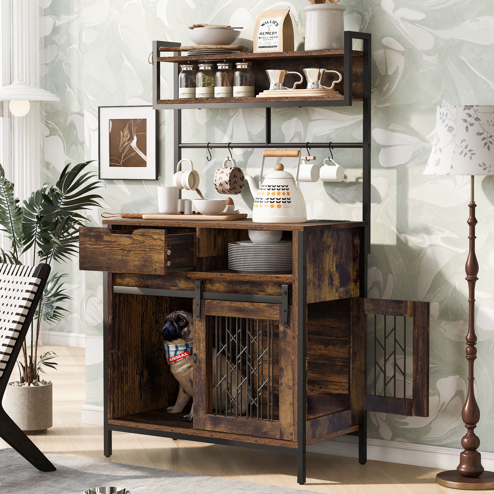 Furniture Style 2 In 1 Pet Friendly Dog Crate Composite Desk Hutch - Rustic Brown