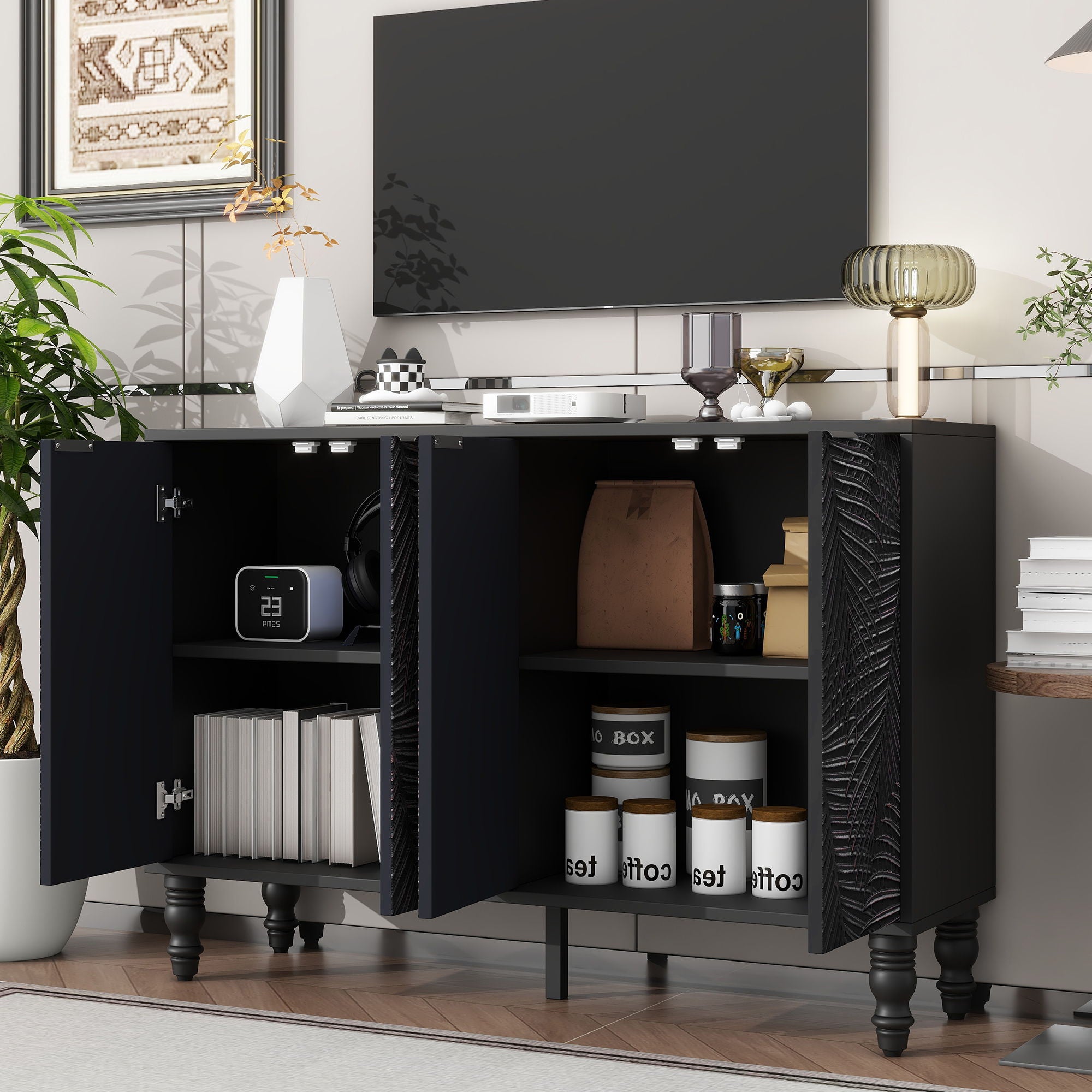 Modern TV Stand With 2 Spacious Storage Space And Anti-Tip Device