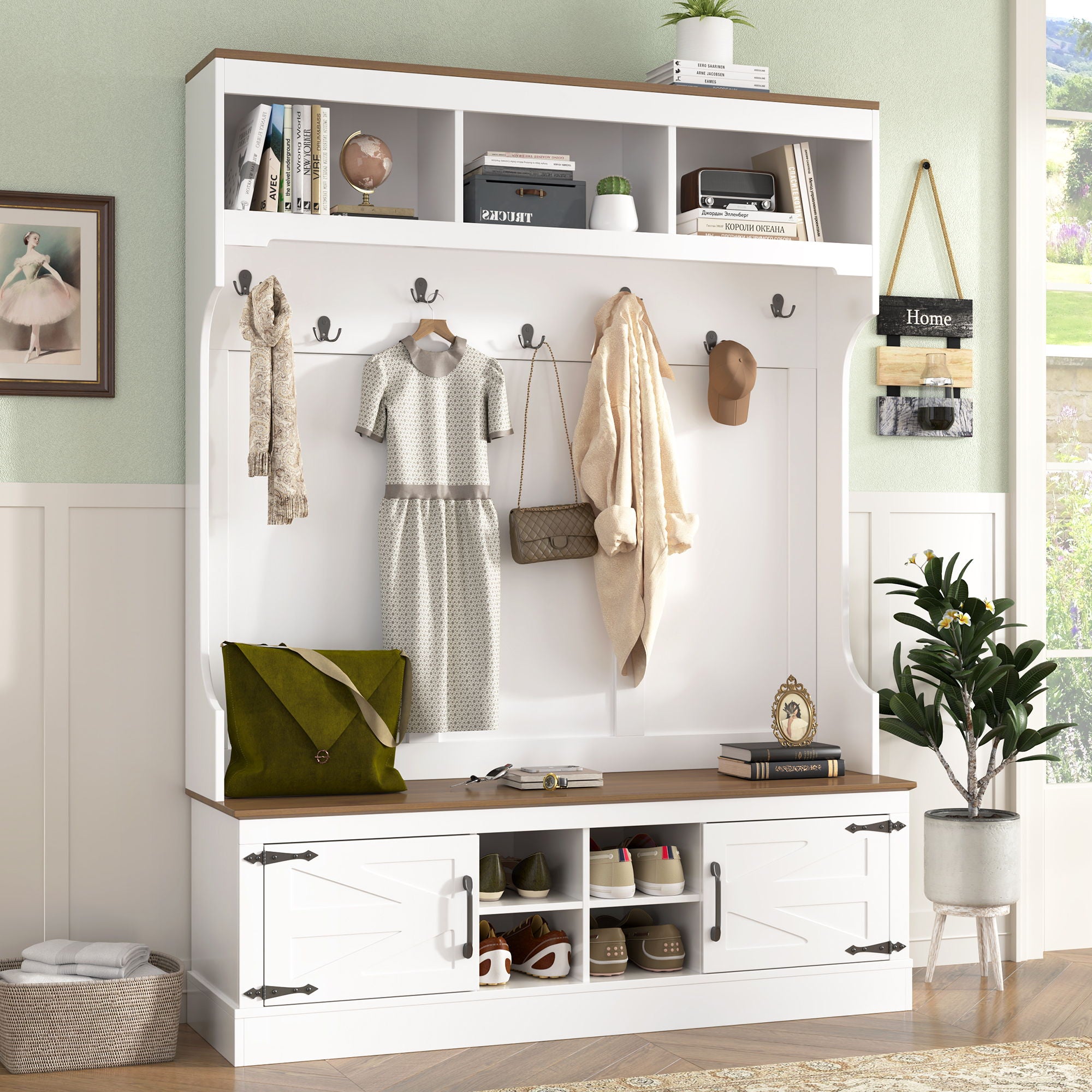 Hall Tree With Bench And Shoe Storage, 5 In 1 Entryway Organizer Cabinet With Coat Rack, 4 Shoe Cubbies & 7 Hooks - White