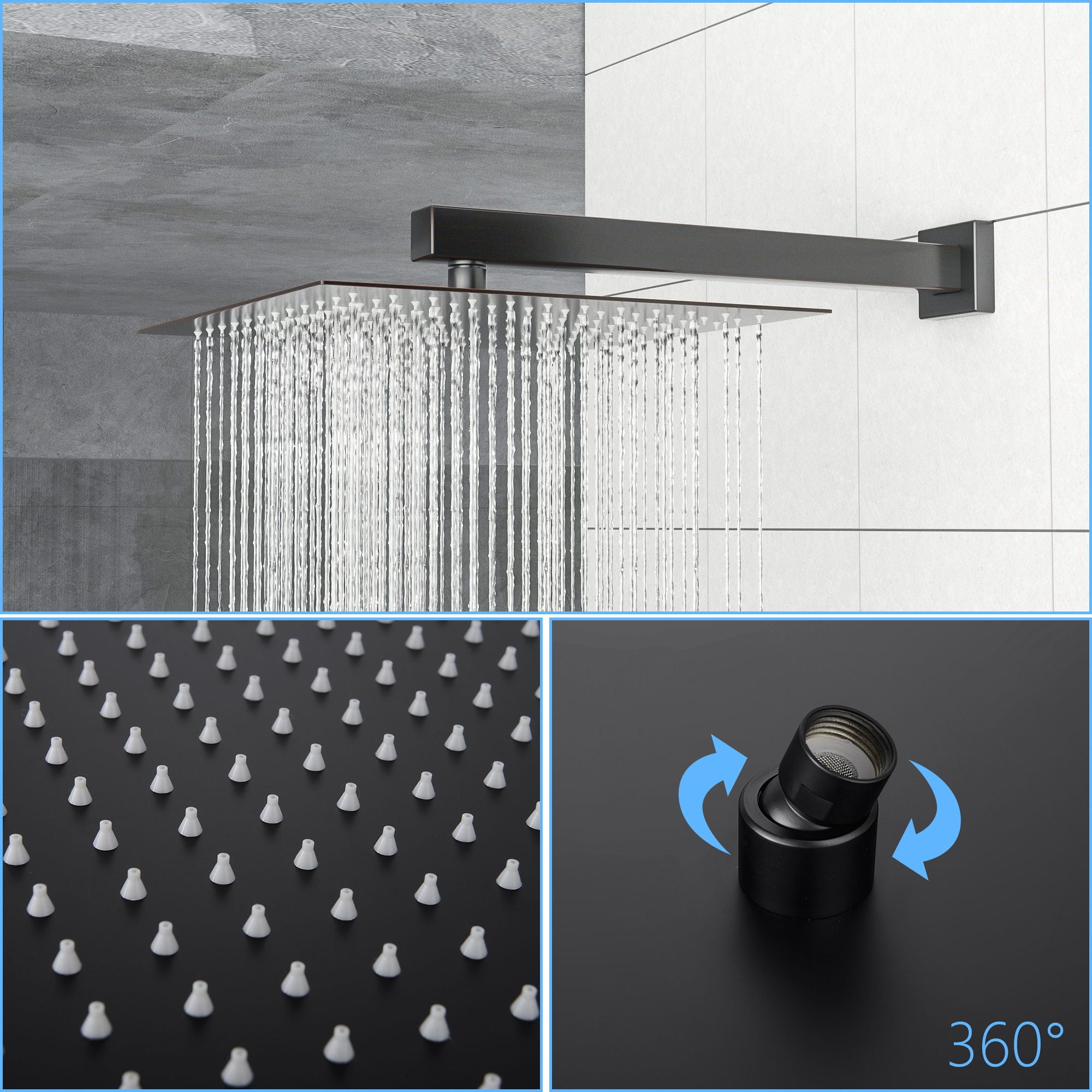 Square Shower System With Waterfall Tub Spout And Rough In Valve, Wall Mounted