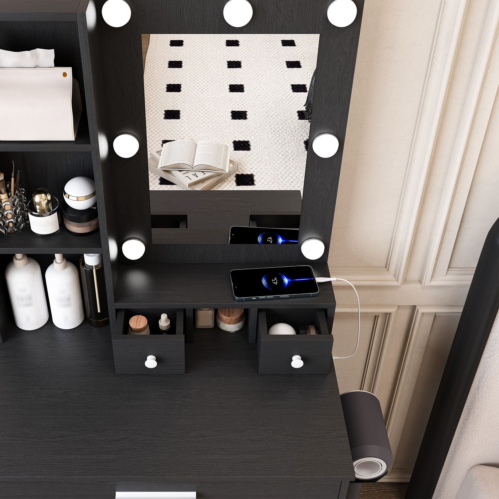 Vanity Table With Mirror, Adjustable LED Lights, Power Outlet, Hairdryer Holder & Stool