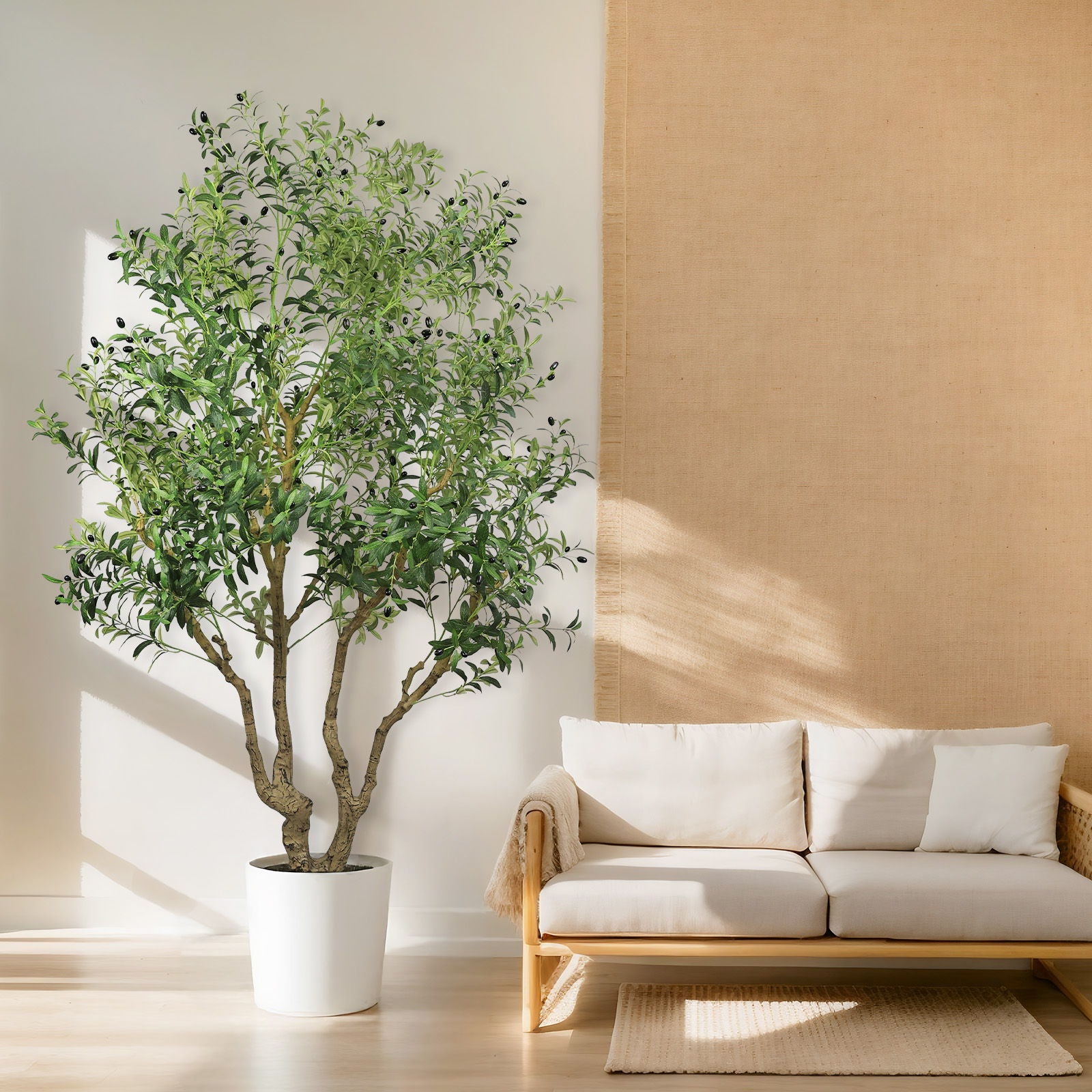 Tall Artificial Olive Tree Large Faux Potted Tree With Natural Trunk And Lifelike Olive Leaves And Fruit - Green