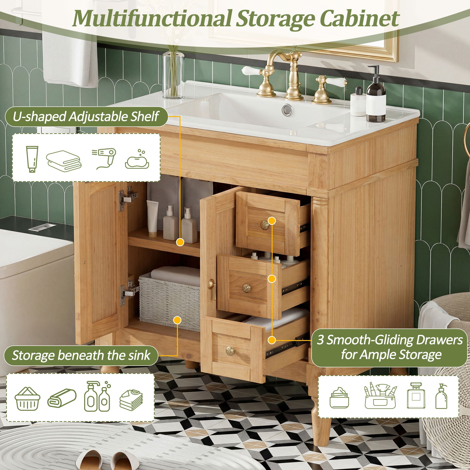 Modern Bathroom Vanity With Ceramic Sink, Soft Close Doors, Adjustable Shelves