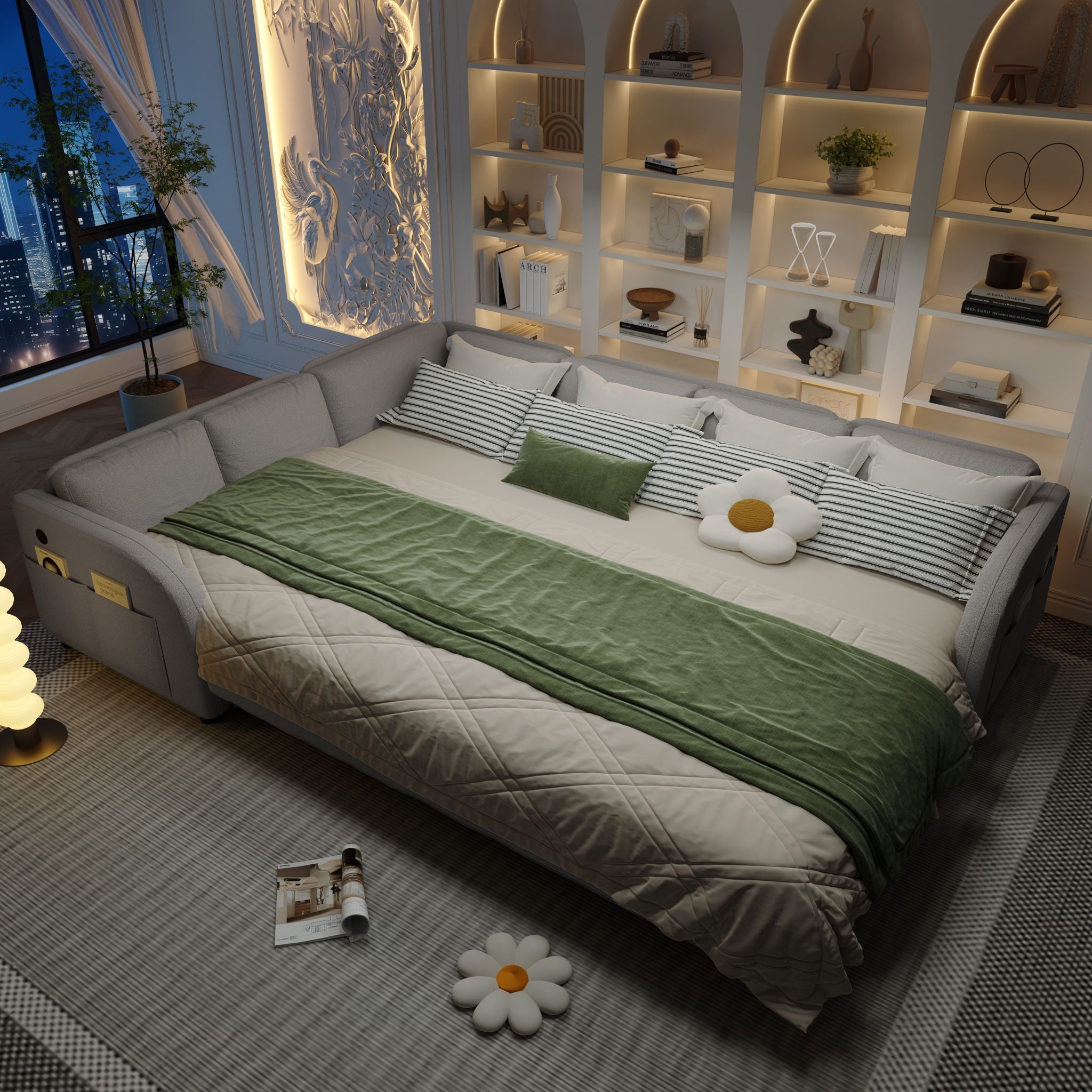 L-Shaped Couch With Pull-Out Bed, Convertible Sleeper Sofa With Side Pocket & USB Port