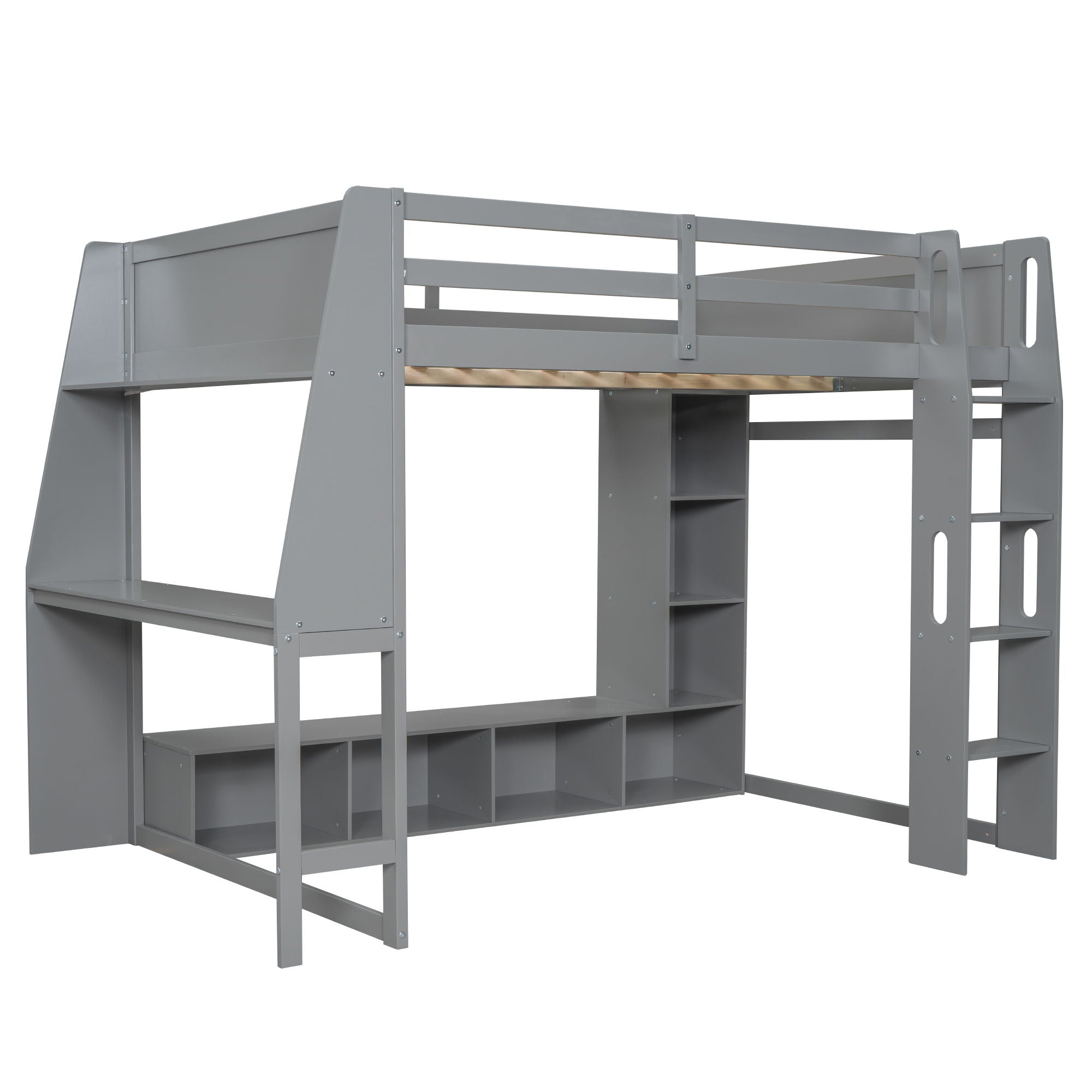 Gaming Loft Bed With Desk, Multi Storage Shelves, LED Lighting, And Hanging Clothes Rack