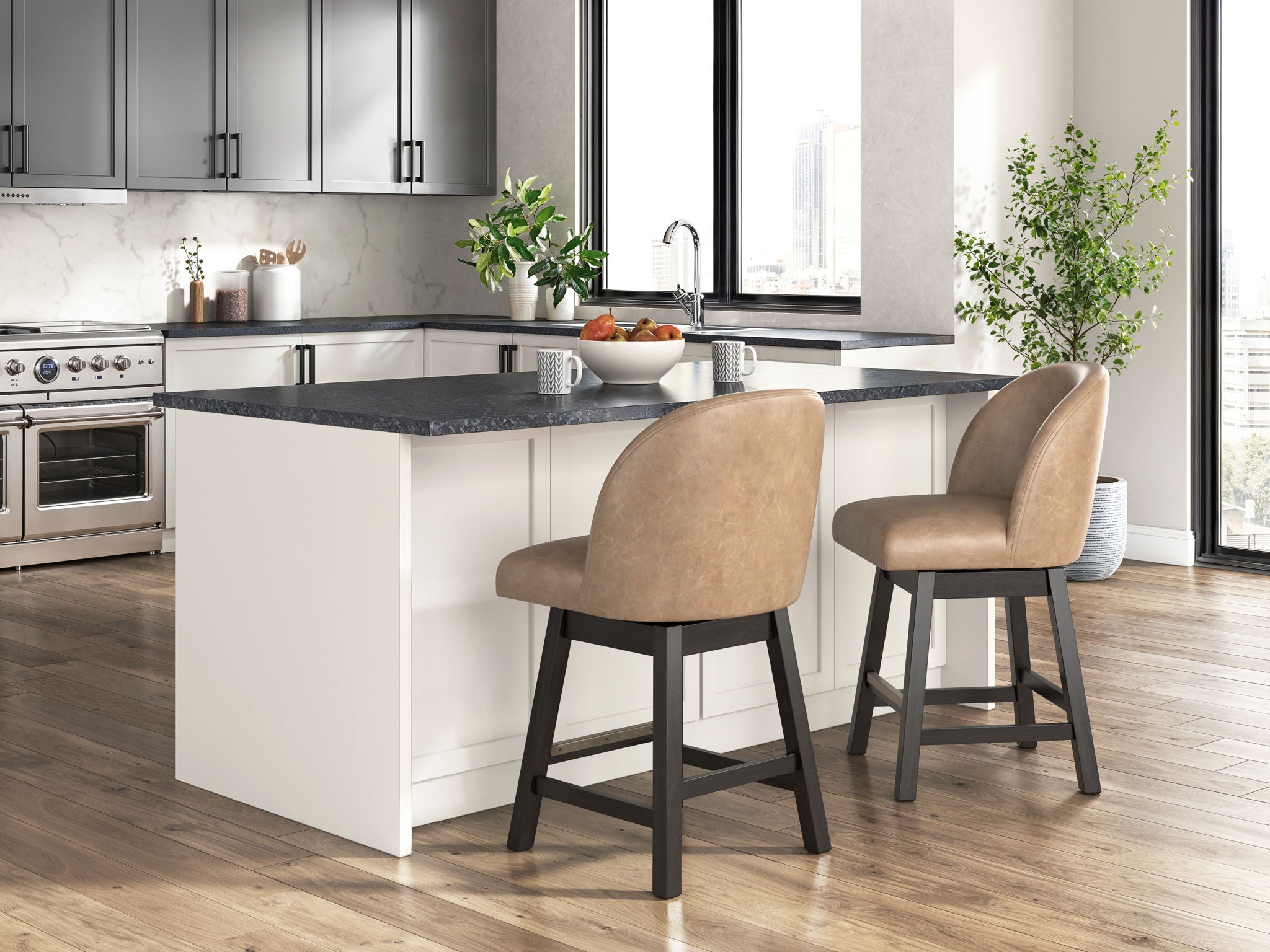 Neymorton - Upholstered Swivel Faux Leather Barstool (Set of 2) - Dark Grayish Brown