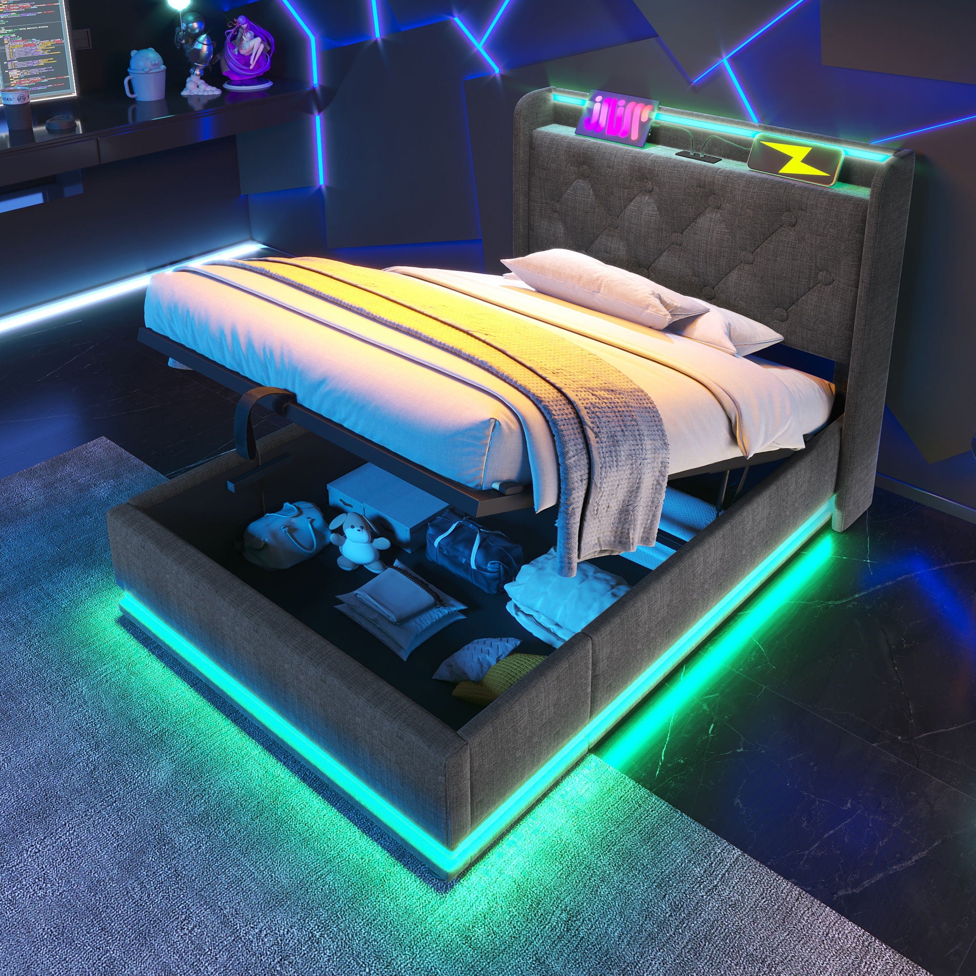 Upholstered Bed, 360 Surround LED Function, Remote Control, Hydraulic Storage Bed With USB, Type-C Charging (Without Mattress)