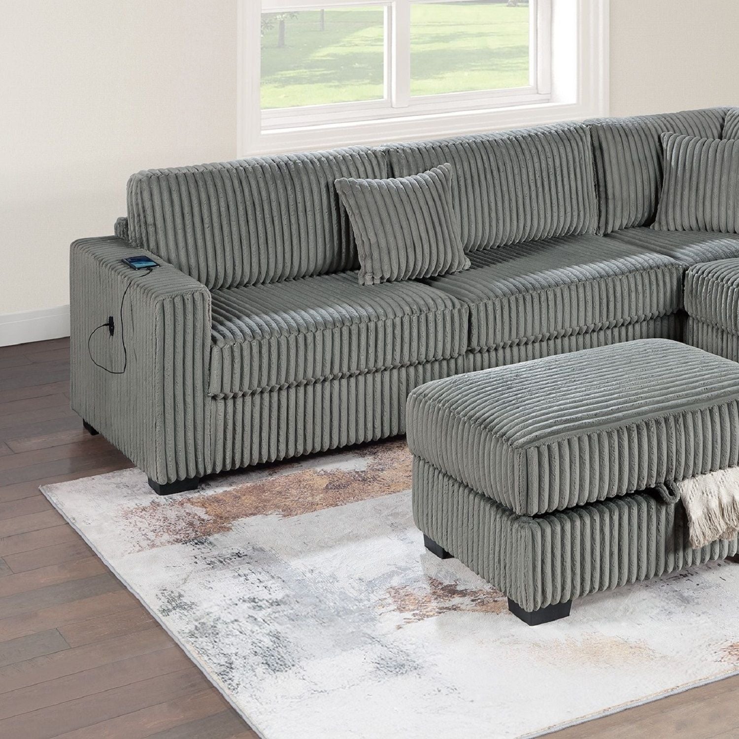 3 Piece Sectional Sofa With Reversible Chaise And USB Storage Ottoman