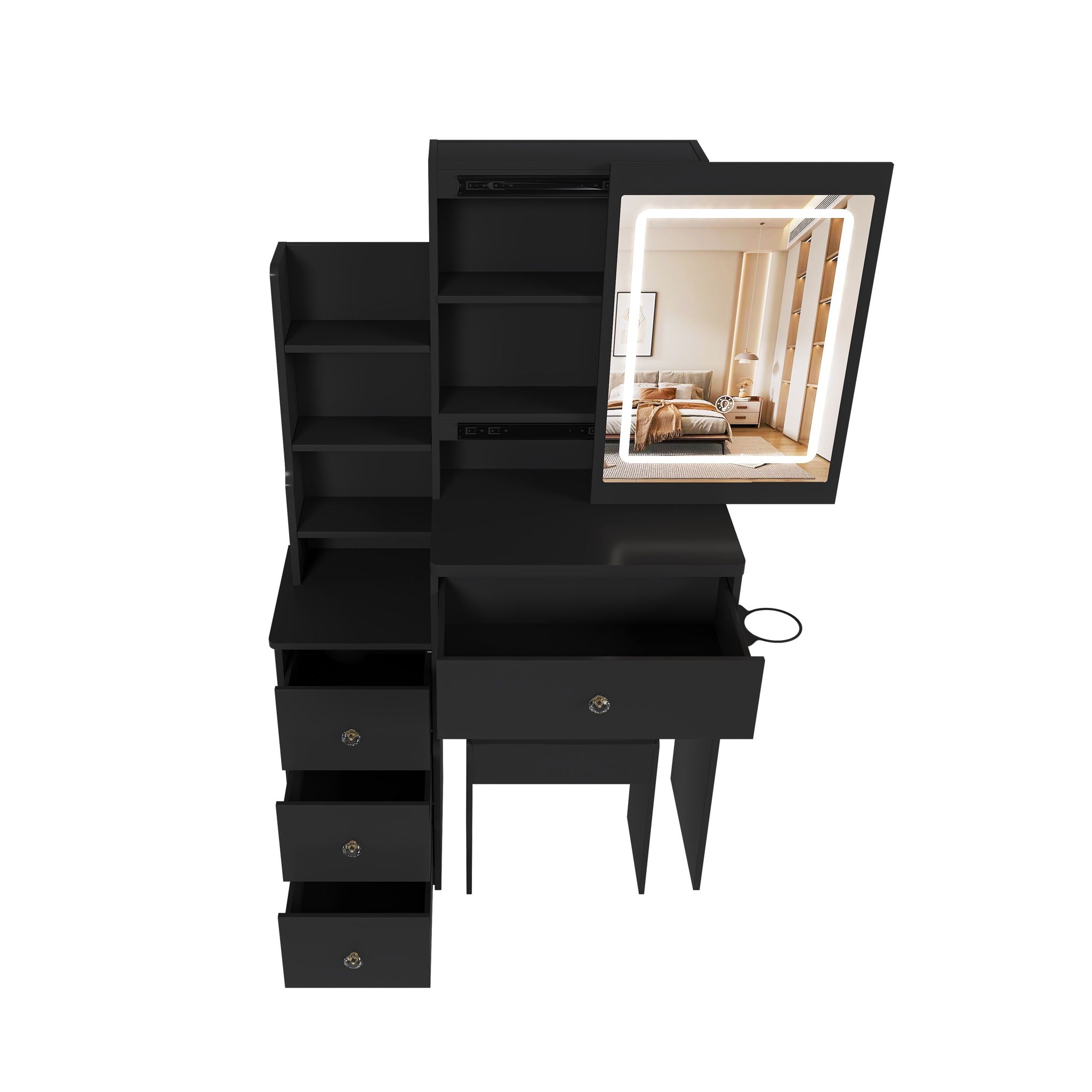 Vanity Desk With 3 LED Lighting Modes, 4 Drawers, Open Shelves, Hair Dryer Holder & Power Socket Dressing Table Set With Chair - Black