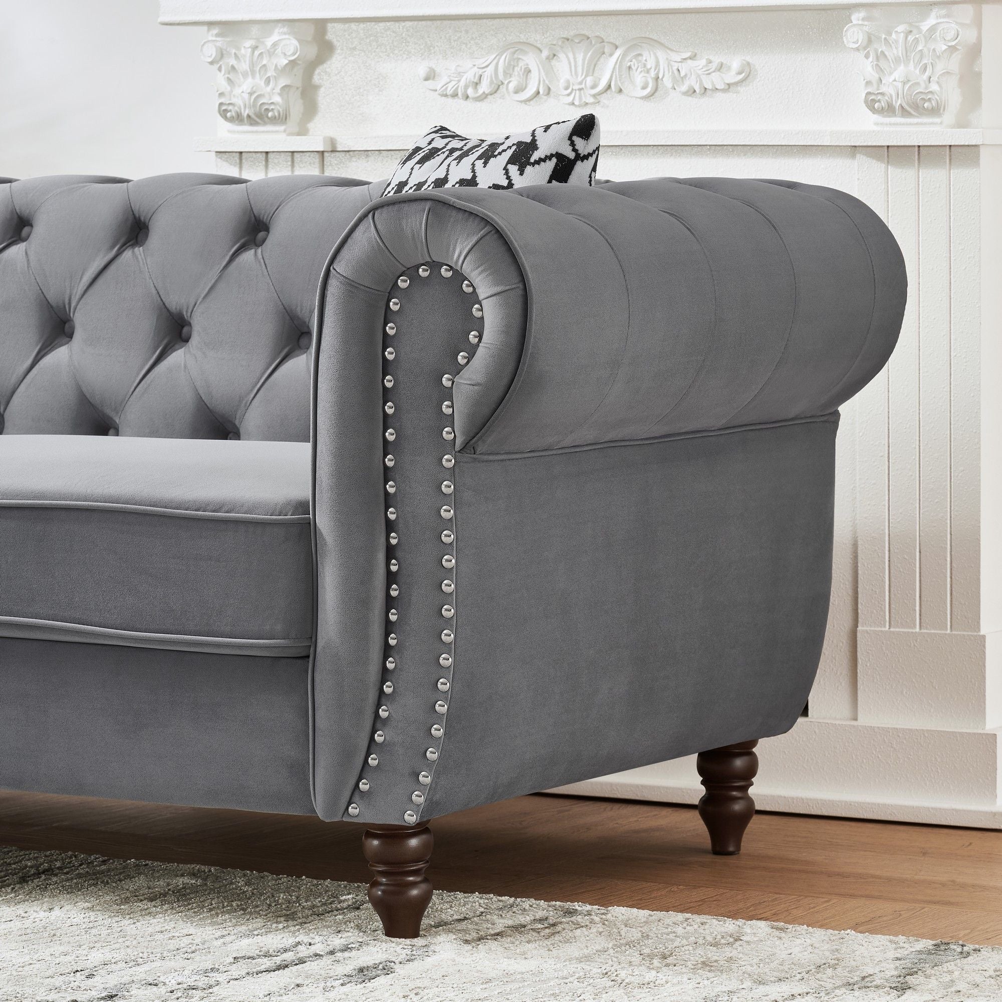 Chesterfield Upholstery Fabric Sofa With Roll Armrest & Nailhead, Mid Century Modern 3 And 3 Seater Couch