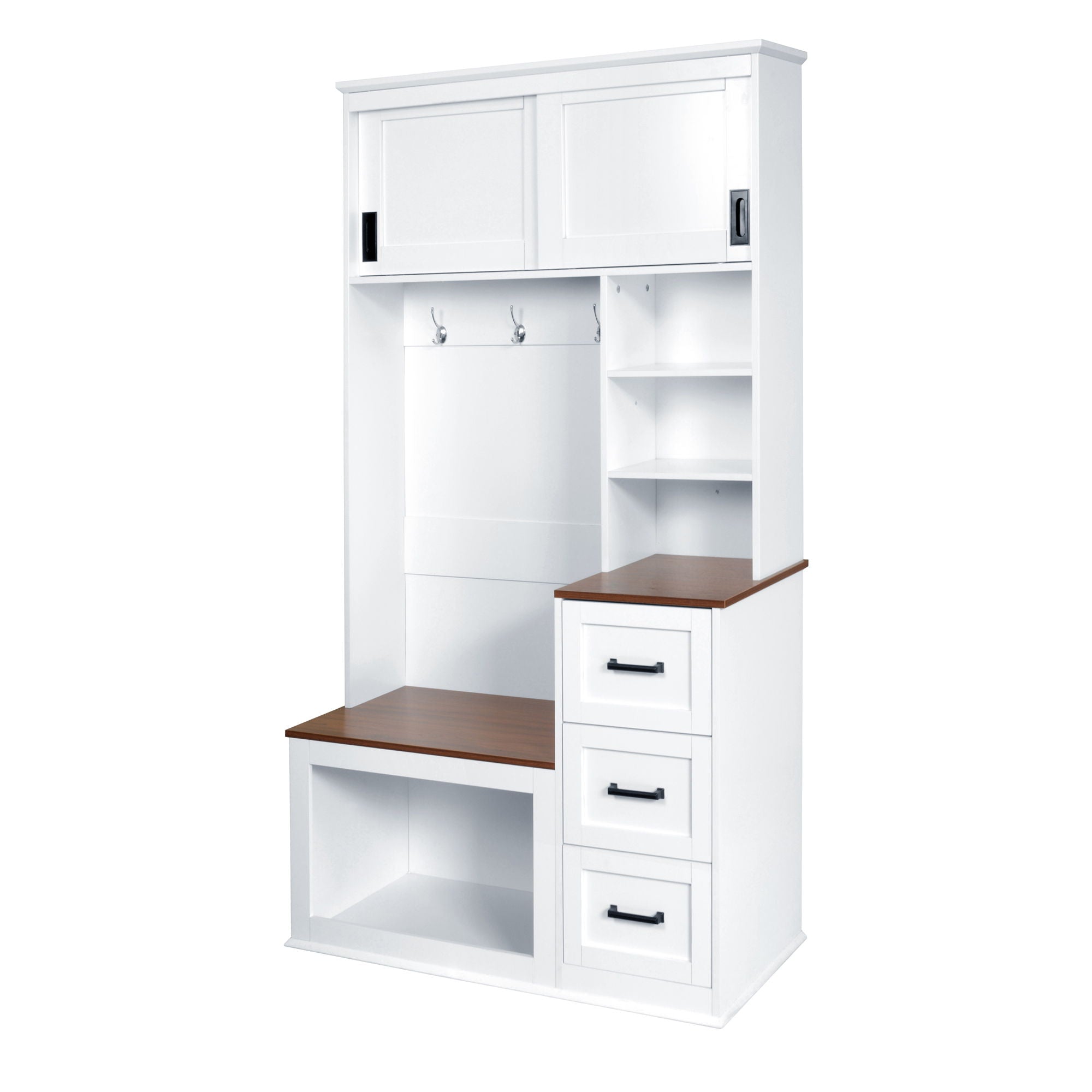 Modern Wide Hall Tree With Coat Rack, 3 Shelves And Drawers, 3 Sturdy Hooks