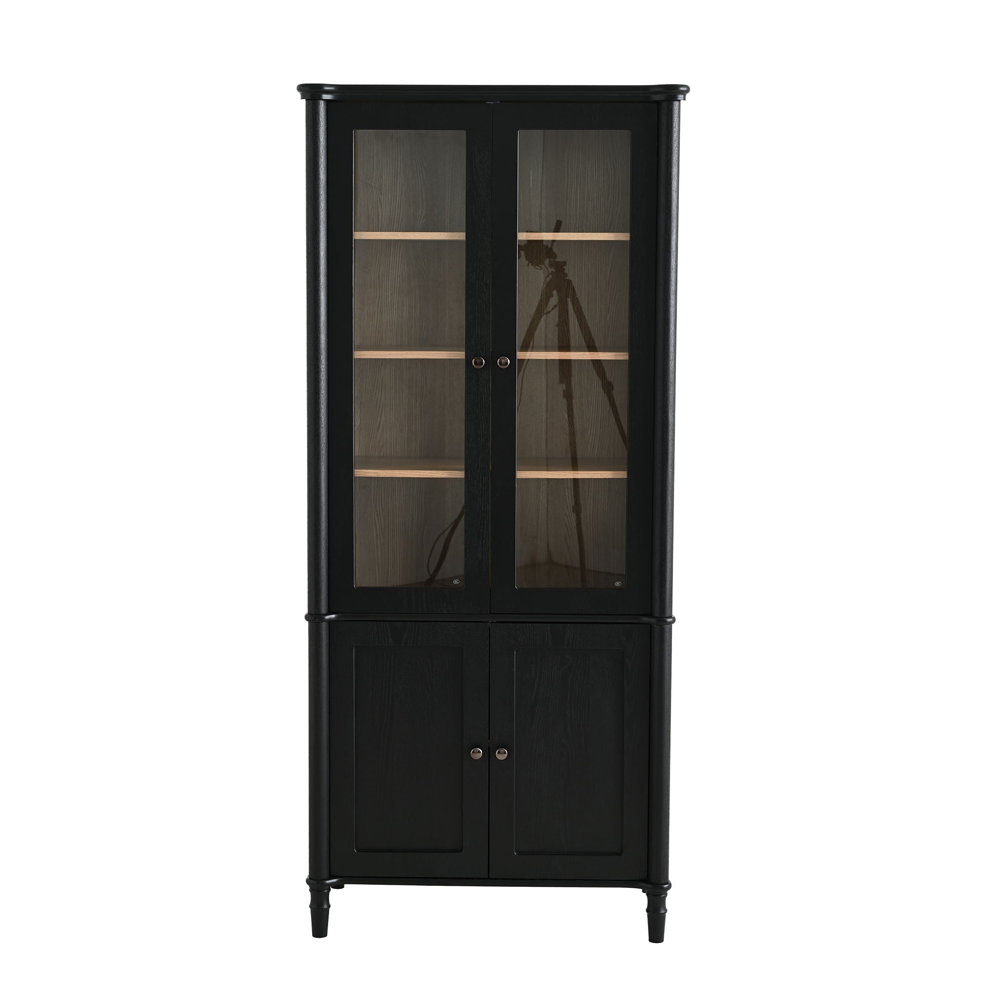 Vintage Display Cabinet With Double Glass Doors, Traditional Style For Collectibles, Ash Wood Veneer, 73.25" Tall - Black / Natural