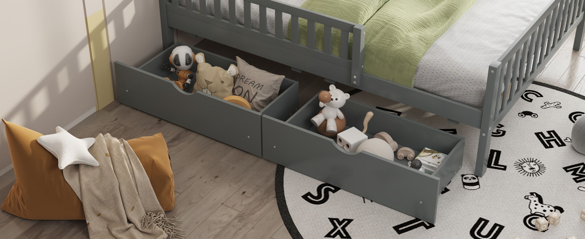 Platform Bed With Guardrails On Both Sides And 2 Storage Drawers