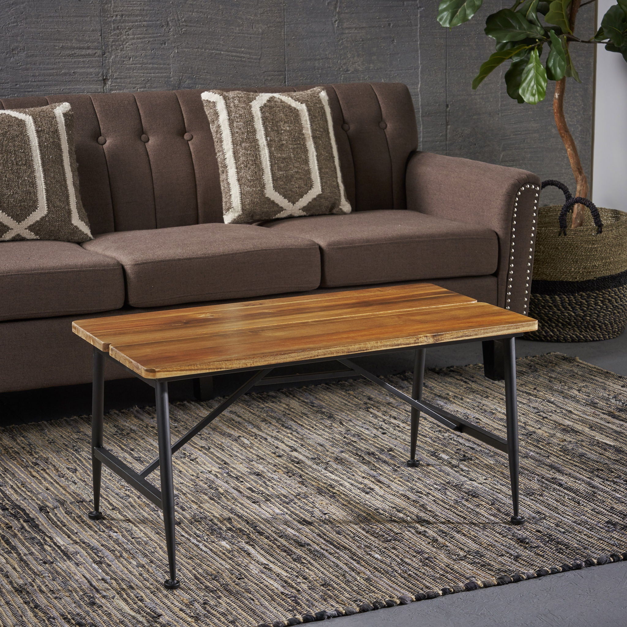 Rectangle Outdoor Coffee Table With Angled Tubular Legs And Wood Top - Black