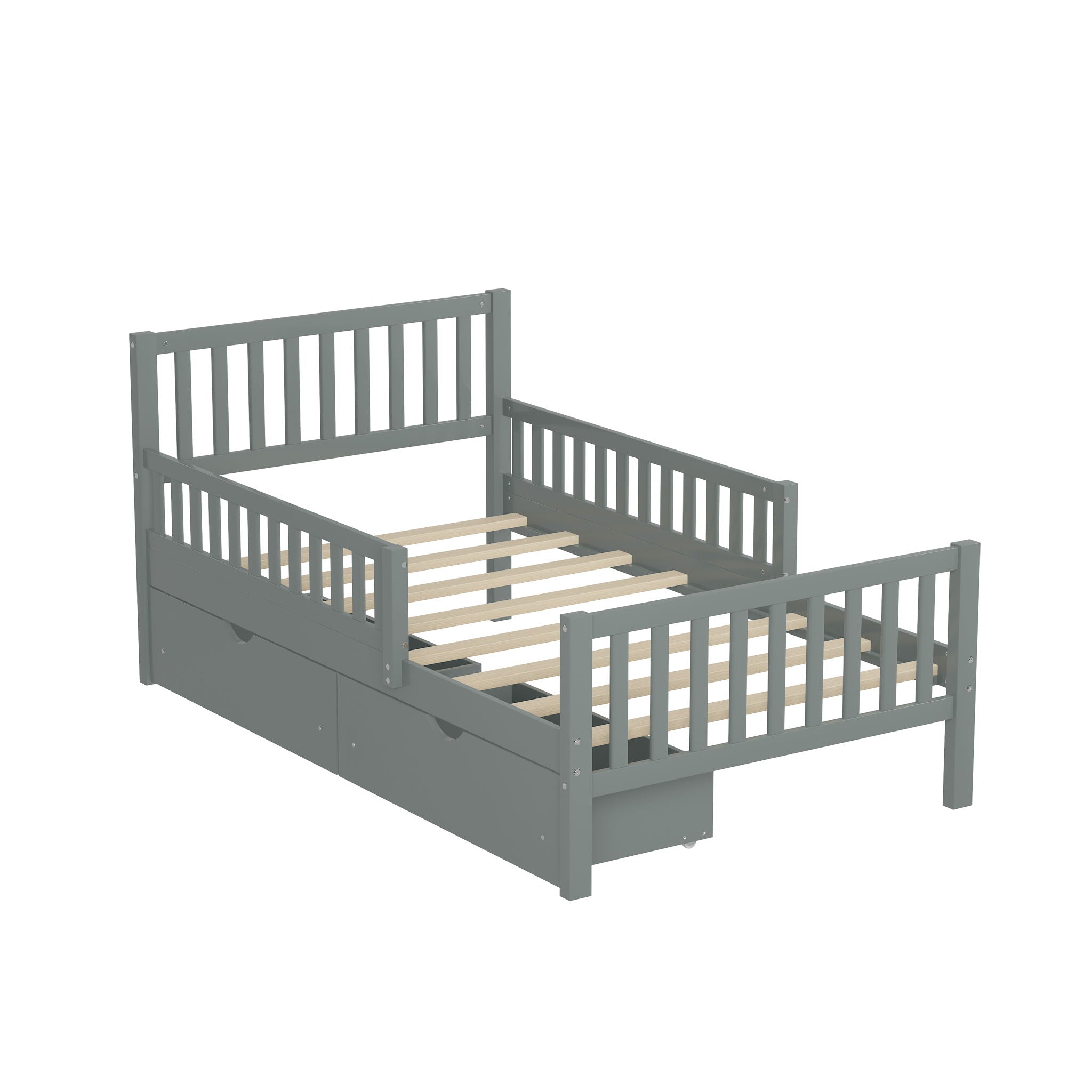 Platform Bed With Guardrails On Both Sides And 2 Storage Drawers