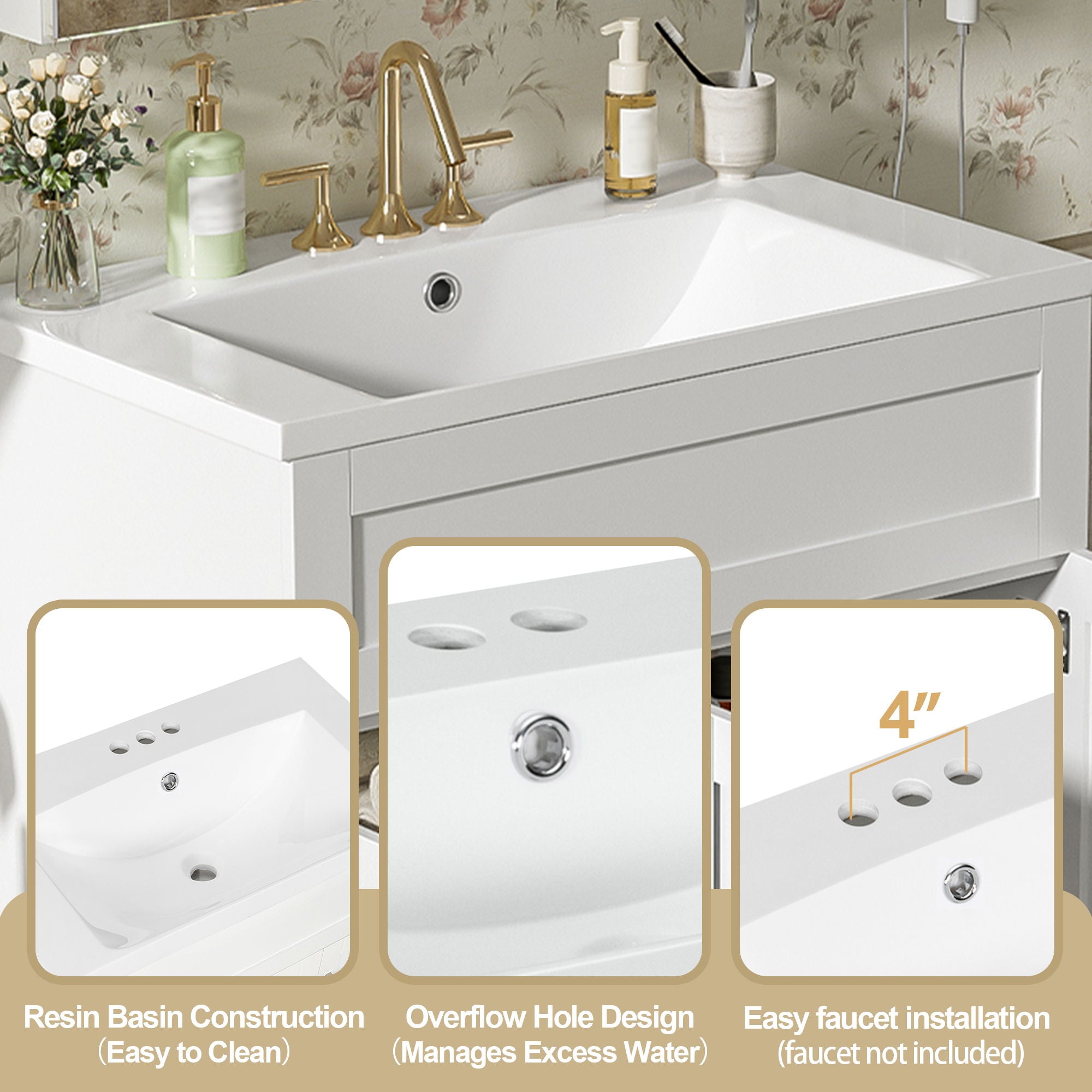 Bathroom Vanity With 2 Doors, 2 Drawers, Adjustable Shelf, Hidden Slides & Soft Close Hinges