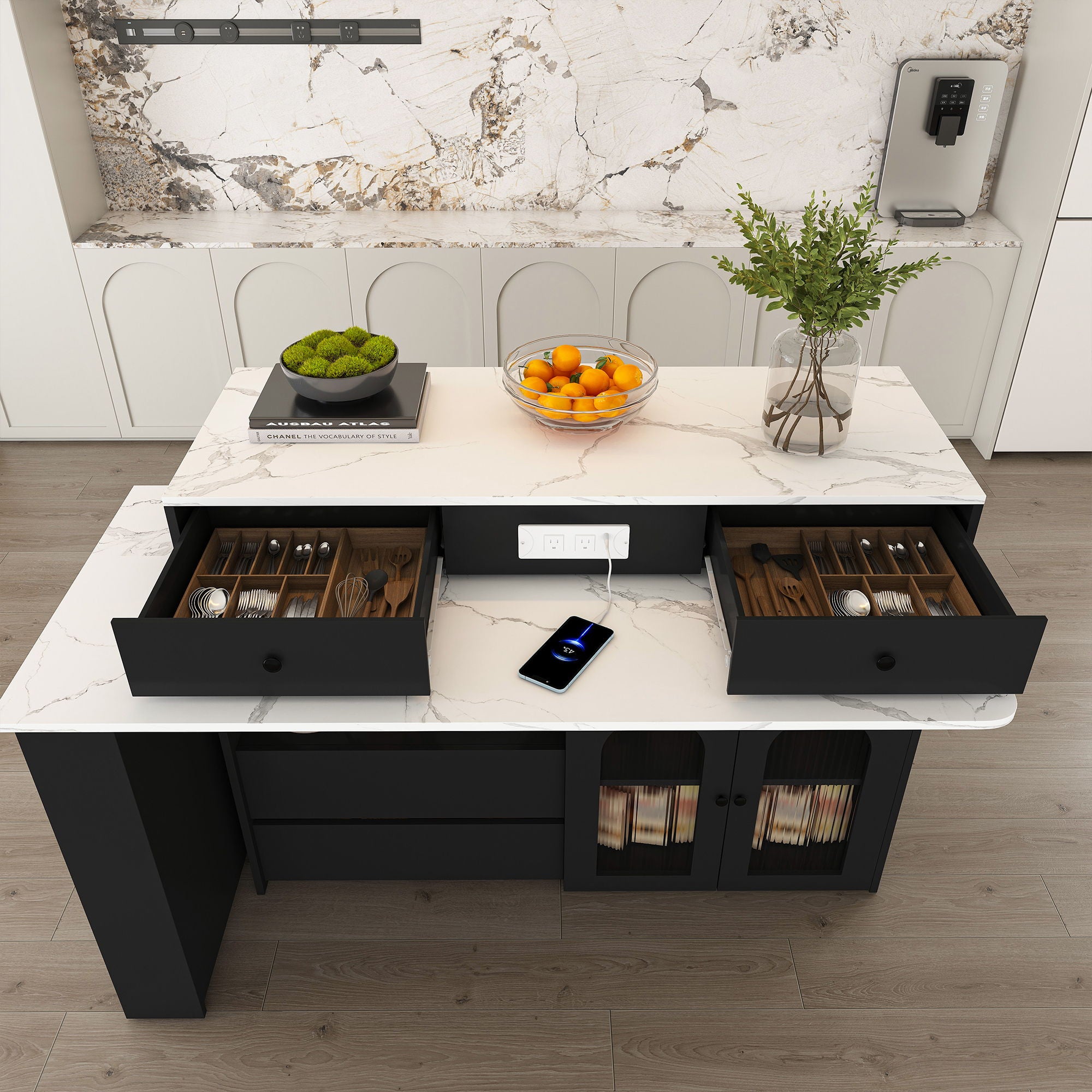 Kitchen Island With Extendable & Rotating Table