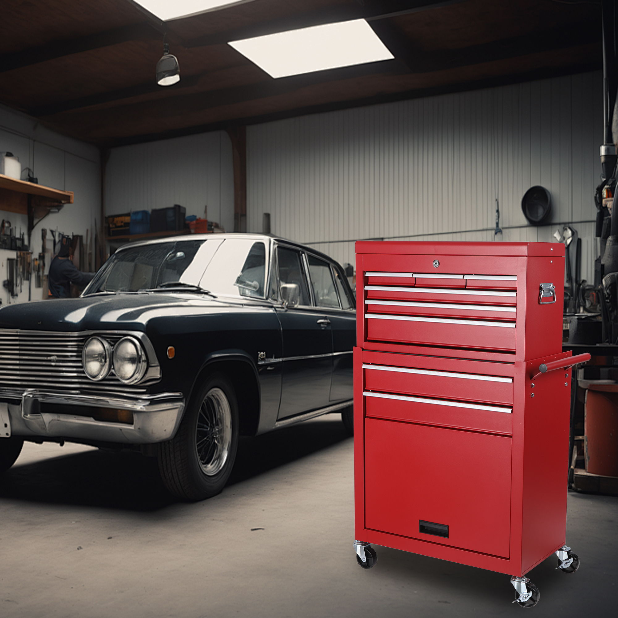 8 Drawer Rolling Tool Chest With 2 In 1 Detachable Top Box, Lockable Wheels